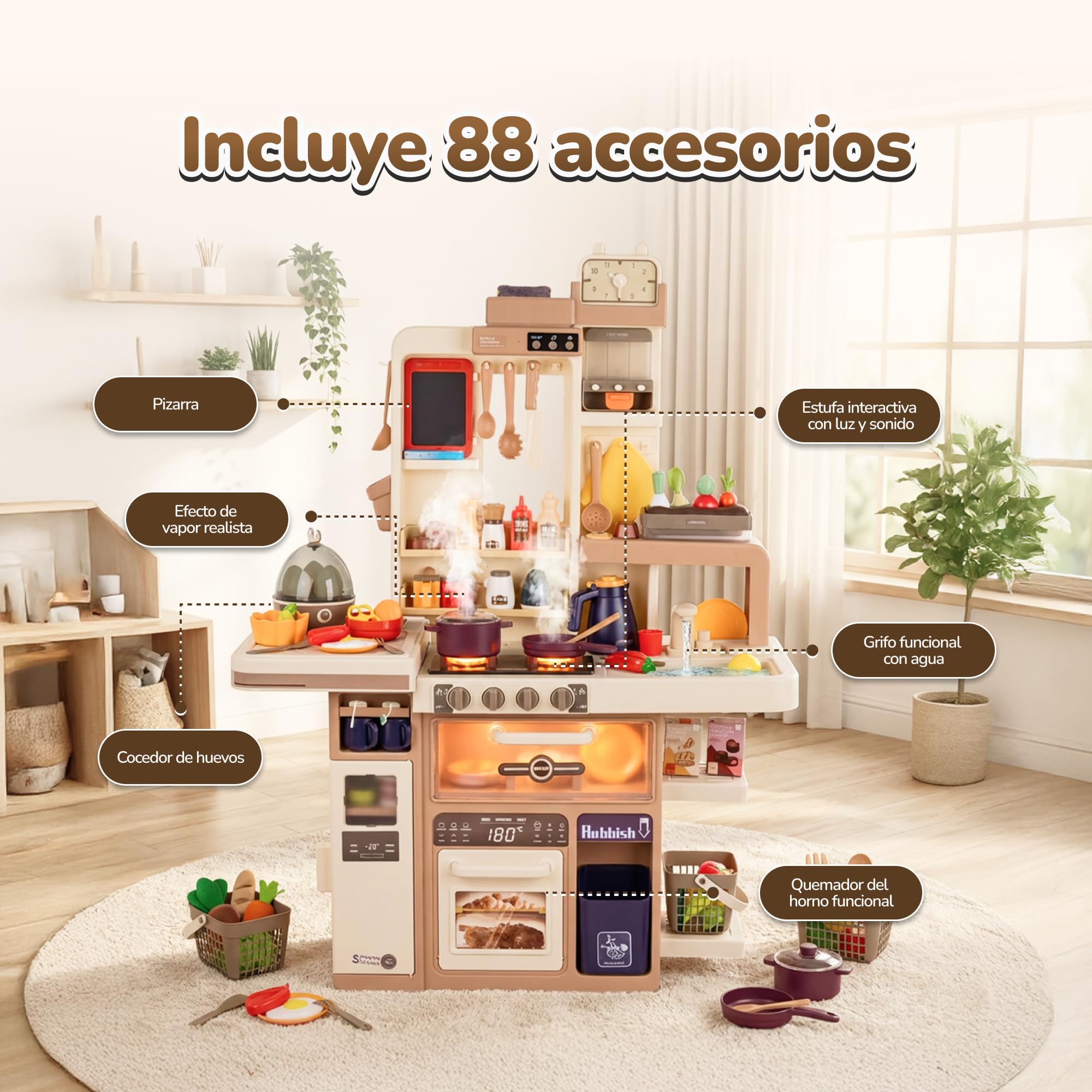 Cocina Infantil Grande con luz y Sonido – Juguete con Funciones Reales y Accesorios – Grifo, Vapor, Cocina de Huevos, Pizarra – para niños a Partir de 3 años