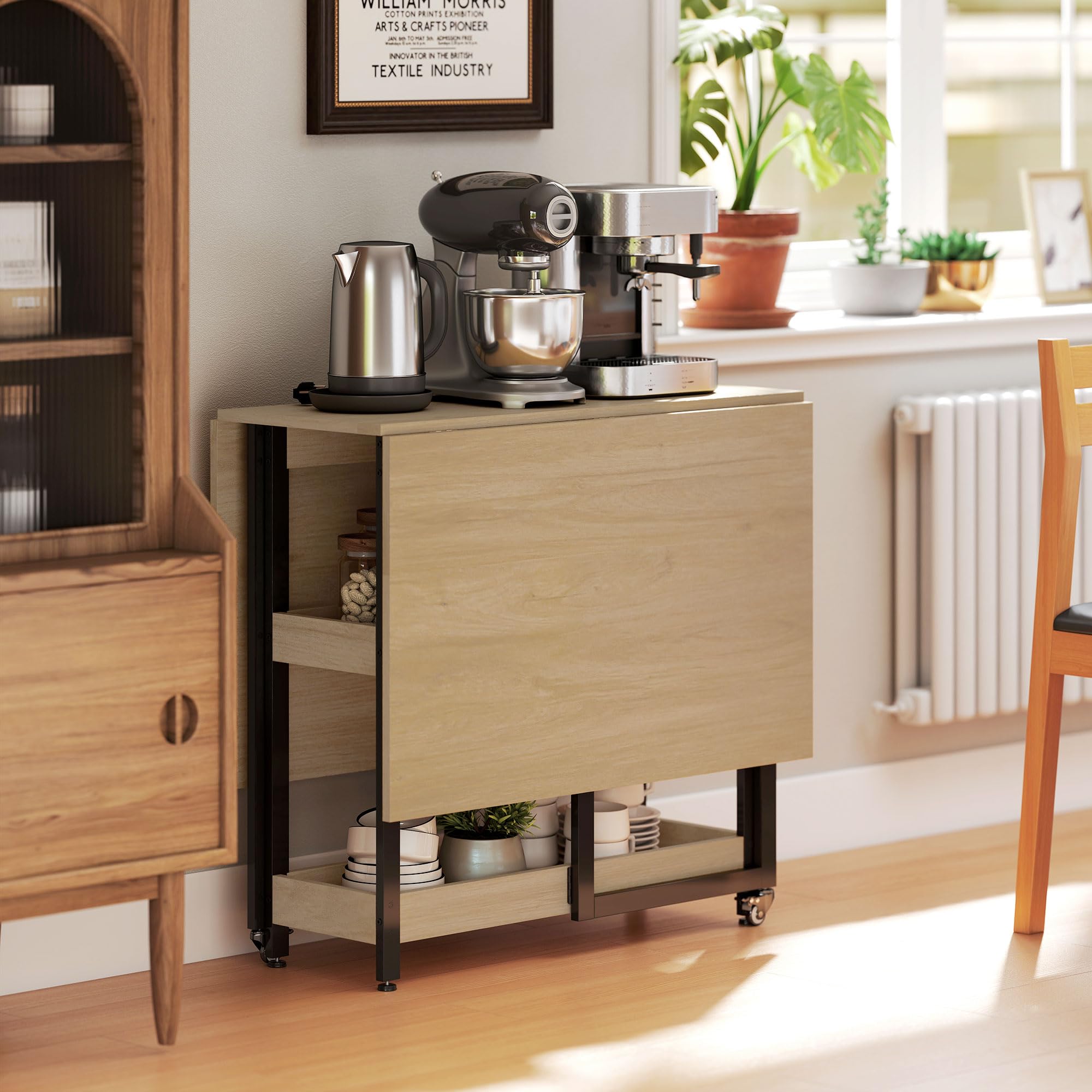 HOMCOM Table à Manger Pliante, Table Pliante Cuisine rectangulaire Extensible sur roulettes jusqu'à 4 Personnes avec Compartiments Ouverts, pour Petits espaces, Salle à Manger, chêne