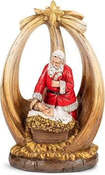 Napco Santa with Jesus in Creche Natural Brown 11.75 x 7.5 Resin Tabletop Holiday Figurine