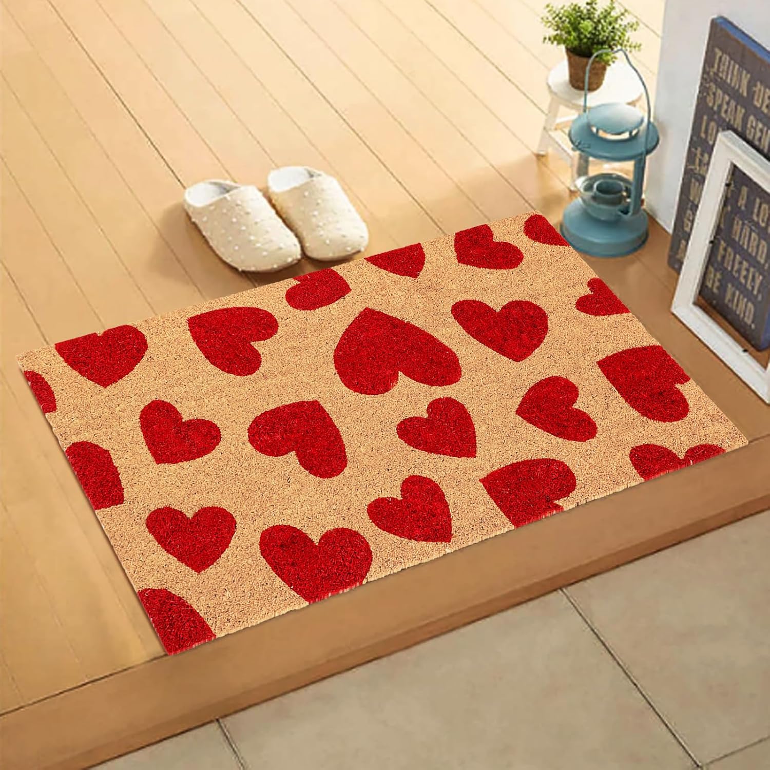 Valentine's Day Natural Coir Doormat Red Love Heart Welcome Floor Mat Non-Slip Entrance Door Rugs for Indoor Outdoor Home Bathroom Decor, 16.5 x 29 Inch