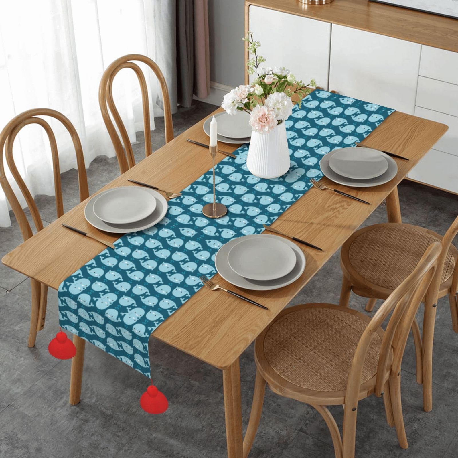 Chemin de table de salle à manger anti-tache long décoratif à motif de baleines
