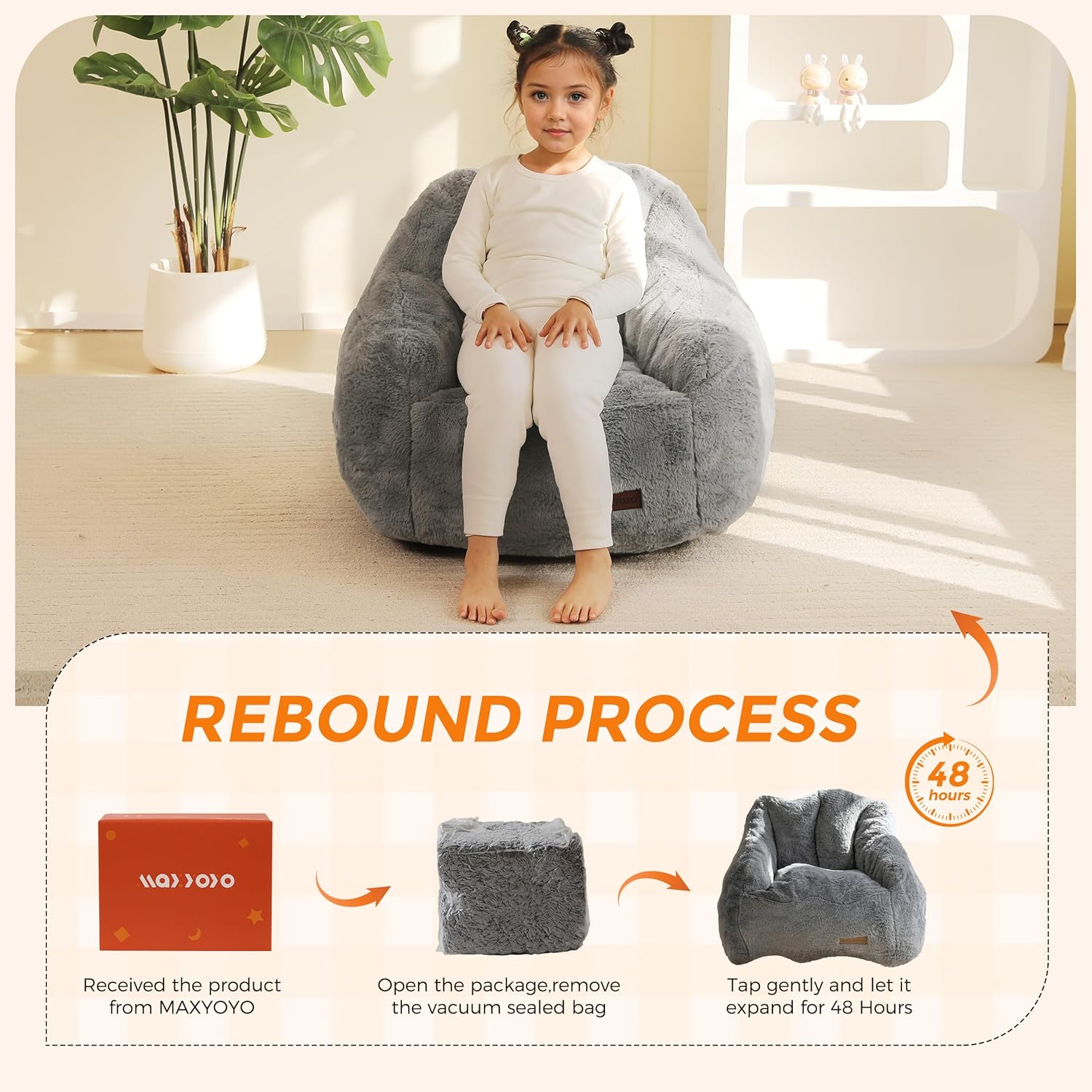 MAXYOYO Kids Bean Bag Chair, Comfy Bean Bag Sofa with Back Support, Faux Fur Cute Chair for Boys and Girls, Stuffed Floor Sofa for Nursery, Bedroom, Grey