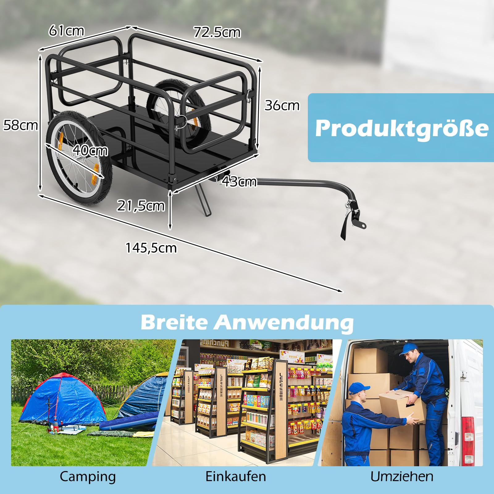 COSTWAY Fahrradanhänger, Lastenanhänger Klappbar mit Abdeckung & Kuppler & Reflektoren, Transportanhänger 60KG für Camping, Einkaufen, Umzug