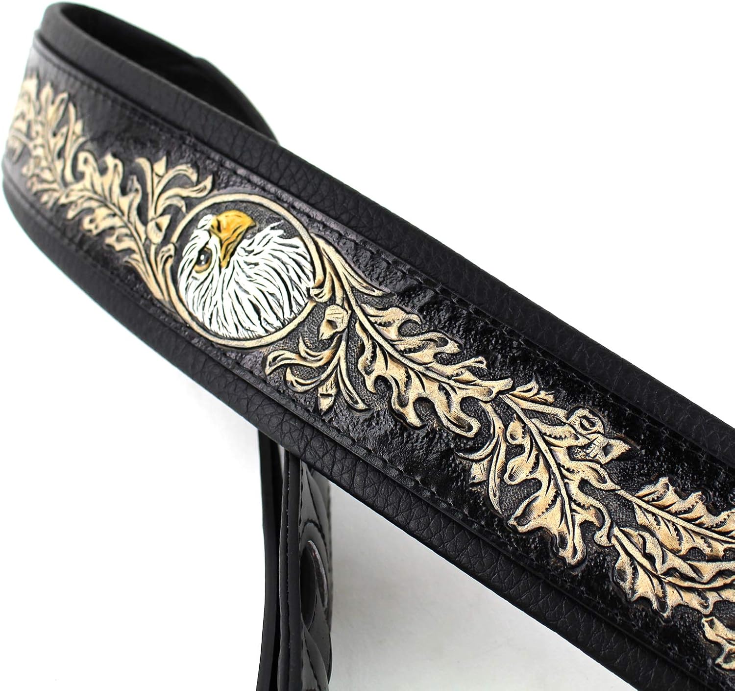 Walker & Williams KB-03-BLK Soft Black Premium Grain Leather Center Block Padded Guitar Strap With Carved American Eagle & Oak Leaves For Acoustic, Electric, And Bass Guitars