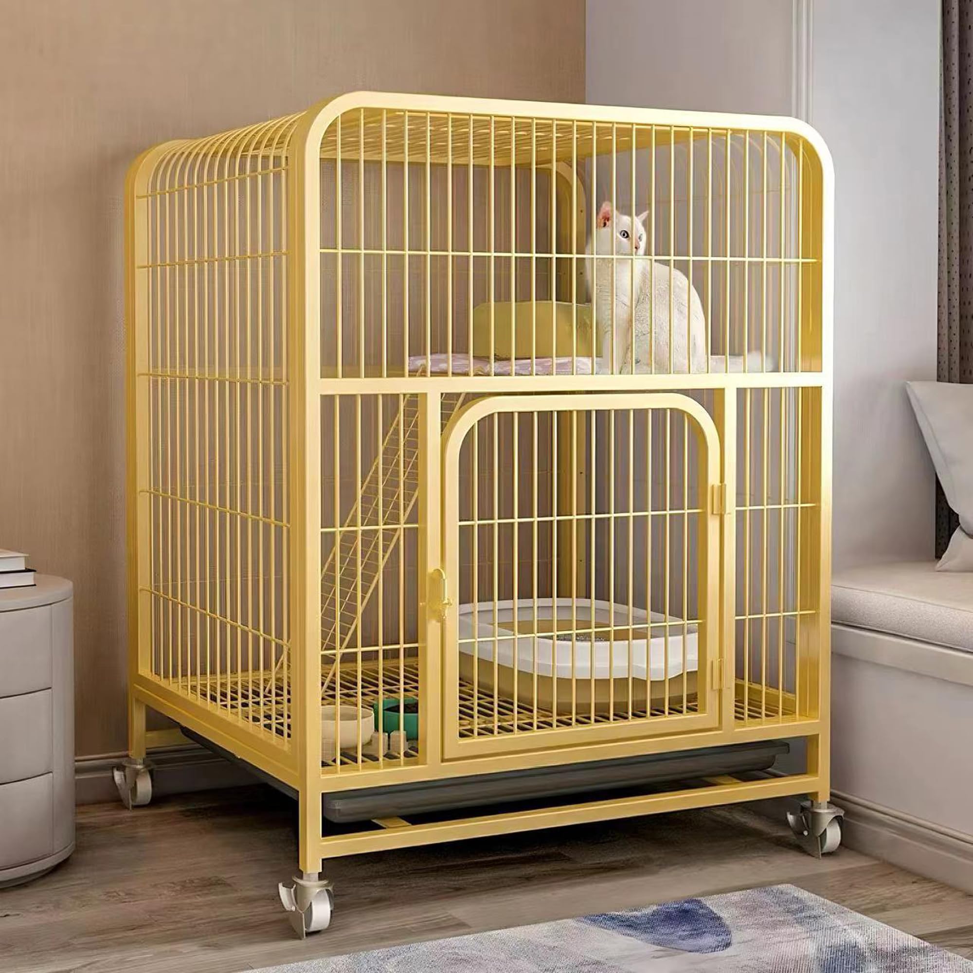 FZZIBQYR Cat Crate Cat Cage Indoor Pet Carriers Small Animal Playpen for Cats Metal Enclosure 2 Tier Kitten Kennel Outdoor Cat House with Locking Doors Universal Wheel (Wood Color, XX Large)