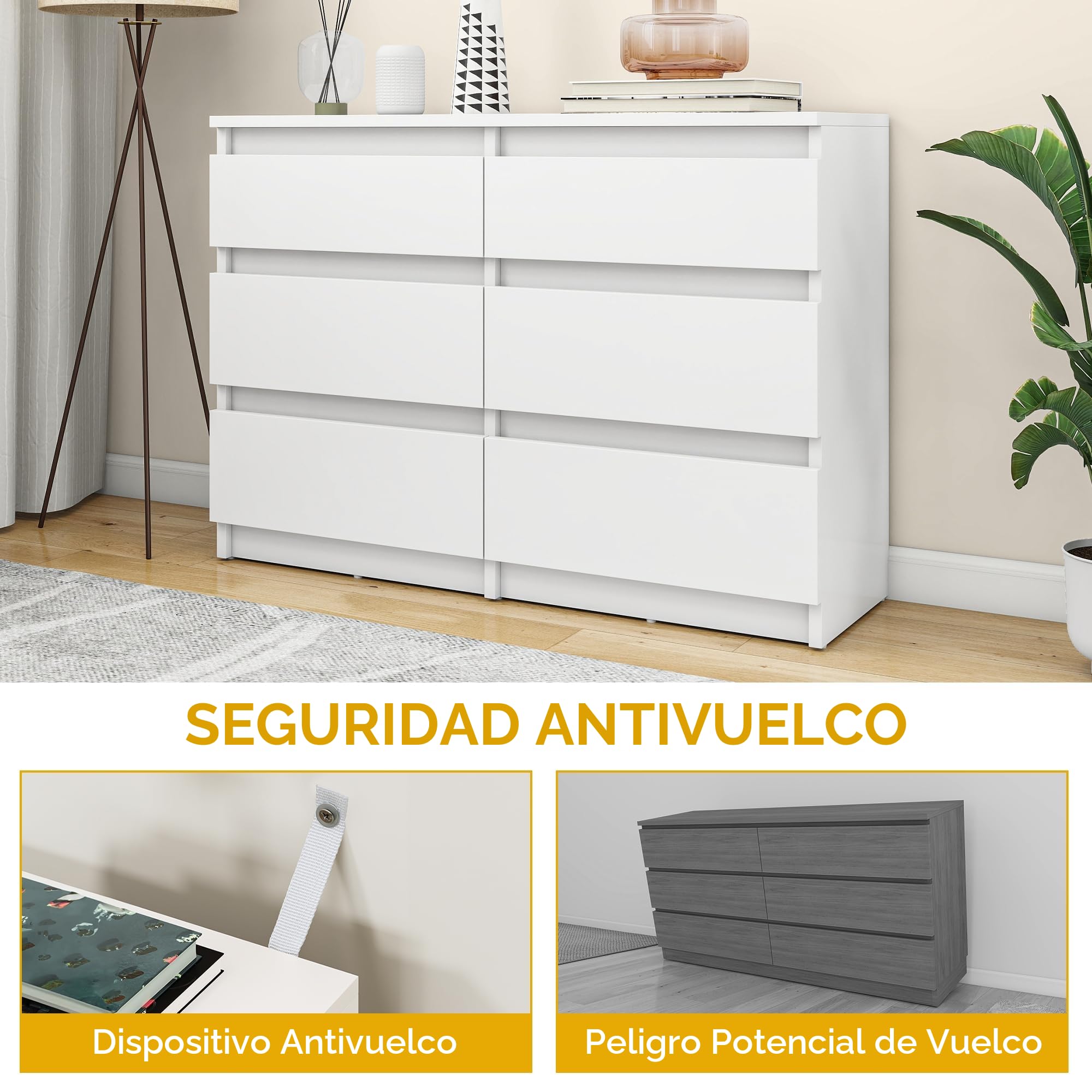 YITAHOME Cómoda de madera, cómoda para dormitorio, 6 cajones con guías, muebles de dormitorio, almacenamiento para dormitorio, armario de dormitorio moderno, mesita de noche, 100 x 30 x 70 cm (blanco)