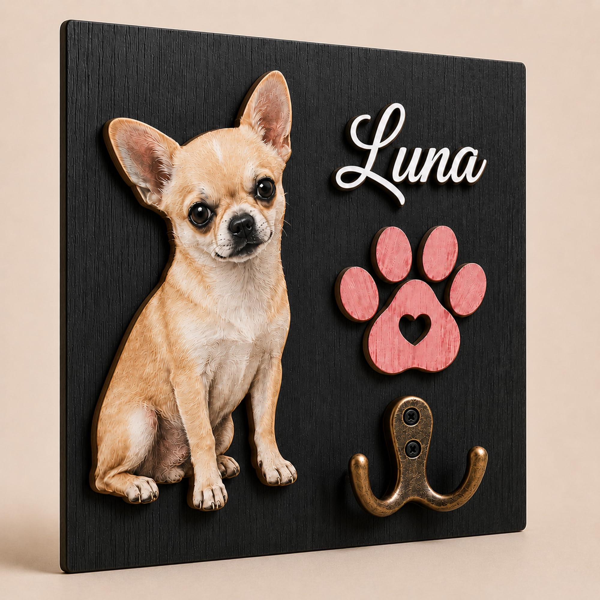 Personalized Dog Key Hook for Wall Mount with Custom Portrait &amp; Name, Paw Print Wooden Wall Organizer, Pet Collar and Harness Holder, Key and Leash Rack for Entryway, Home Decor for Pet Lovers