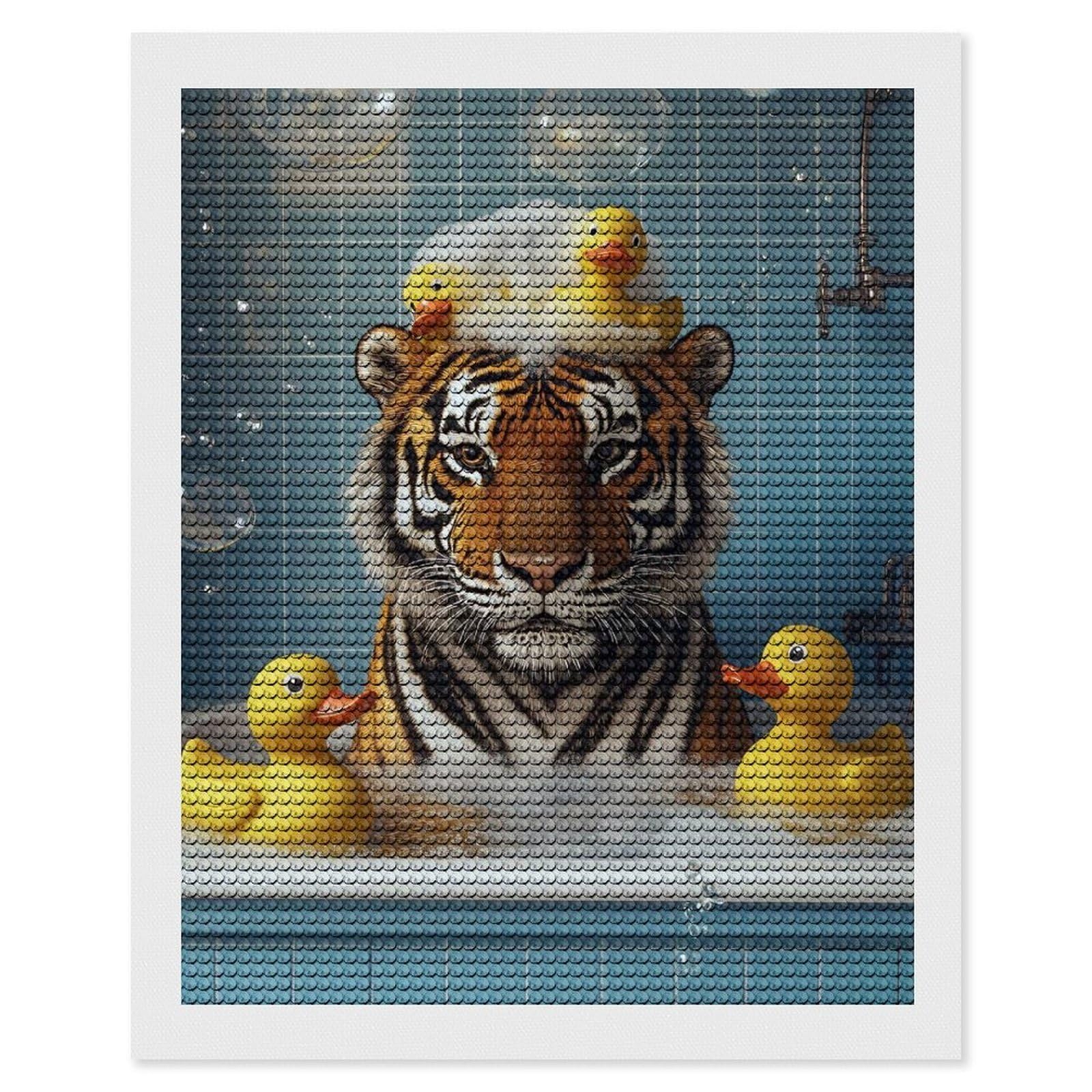 Junmoney Tiger in Bathtub with Rubber Ducks Diamond Painting Canvas Kit 16"x20", Relaxing DIY, Modern Decor, Aesthetic Room Decor, Home Wall Art, Wall Art Gift