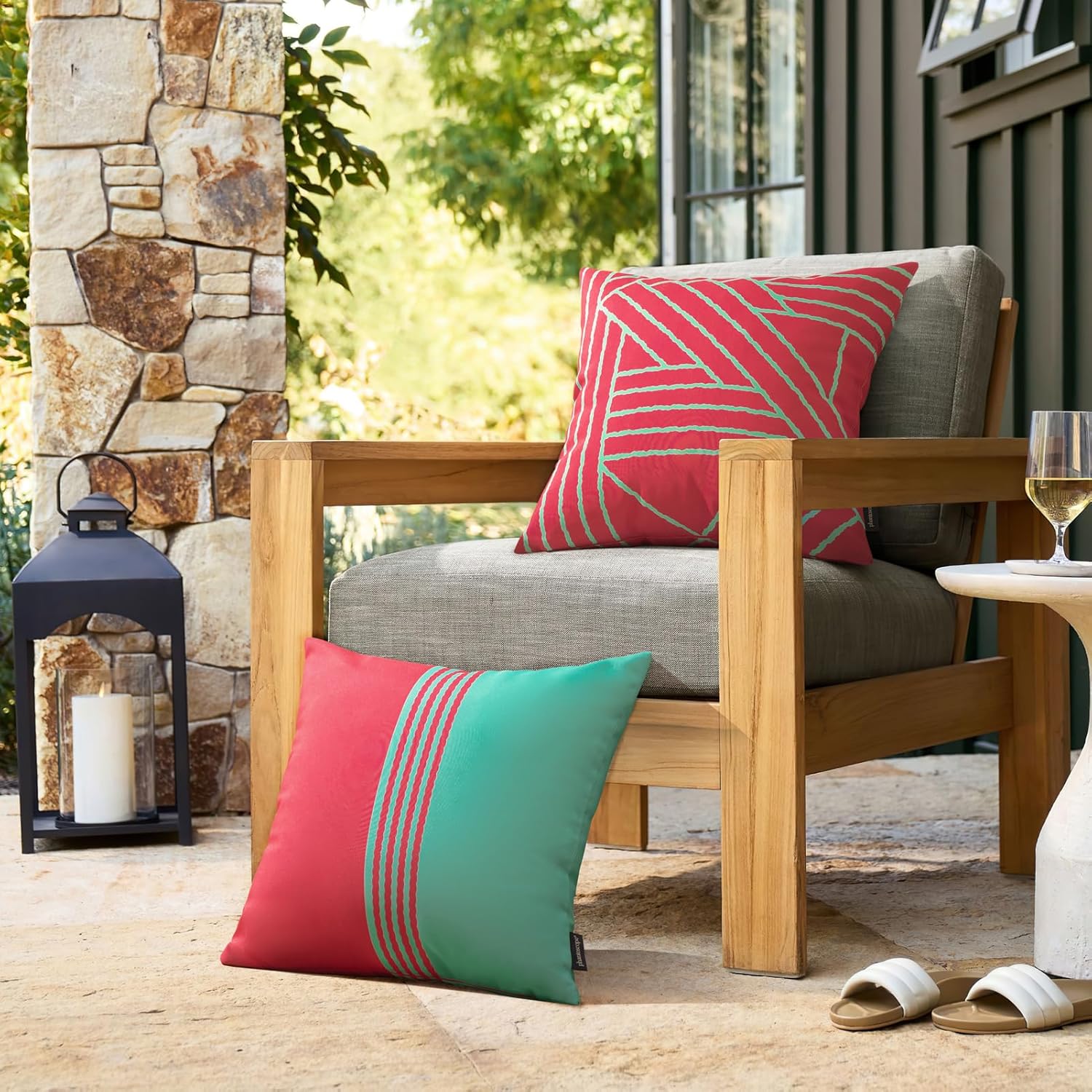 Phantoscope Pack of 2 Outdoor Indoor Throw Decorative Pillow Cover Contrast Color Design Decorative Waterproof Patio Pillows Cushion Case for Couch Tent Park,Pink and Green,18 x 18 in - Image 4