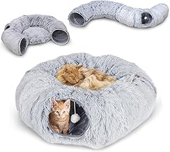 CALIYO Cat Tunnel, Cat Tunnel for Large Cats with Sleeping Area, Plush Doughnut Cat Bed, Cat Tunnel with Fur Ball, Interactive Cat Toy for Indoor, Grey (85 x 26 cm)