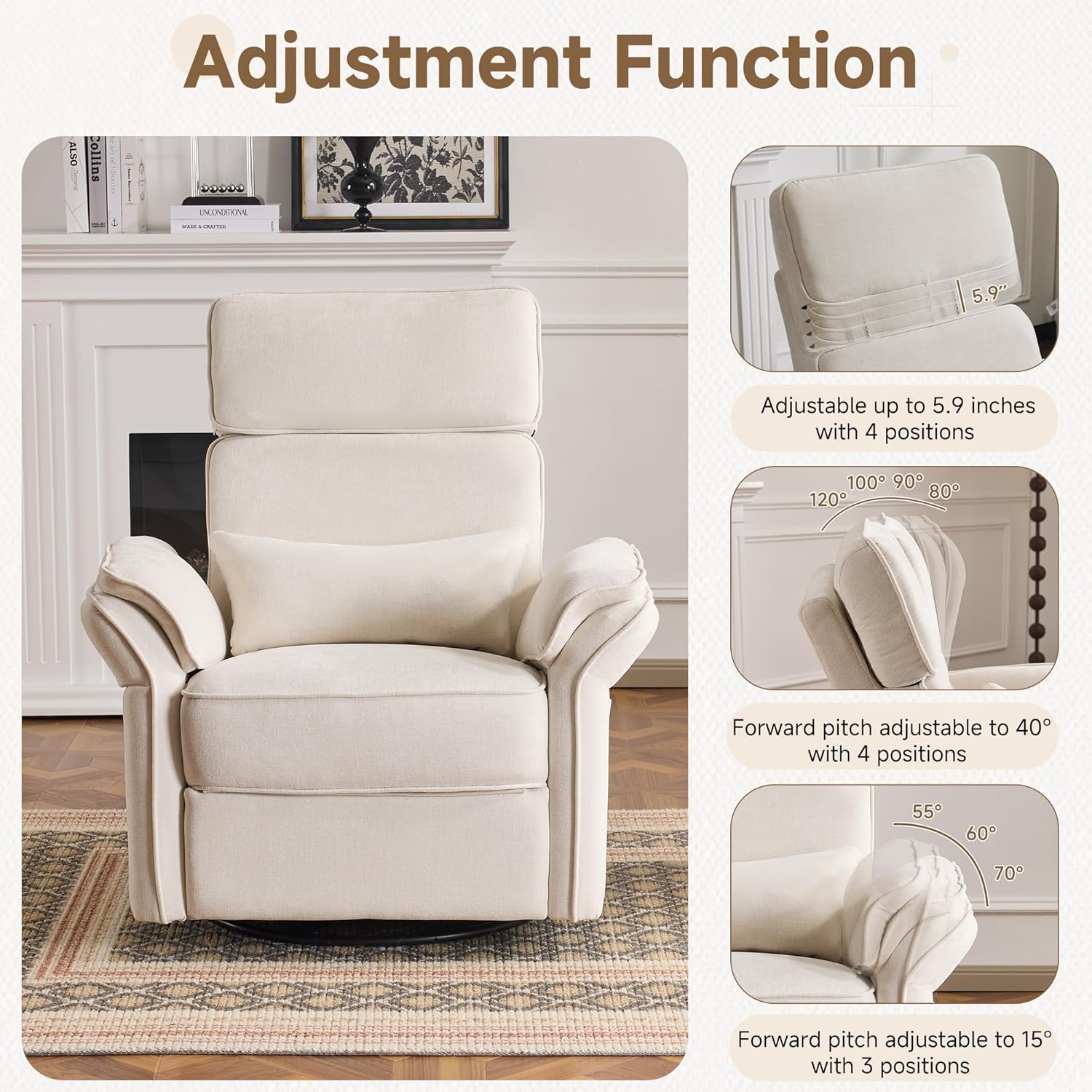 MELLCOM Power Recliner Rocking Chair Nursery Gliders with Adjustable Armrests and Headrest, Swivel Electric Glider Reclining Nursing Chair with USB Port and Storage Bags, FSC Certified Beige Fabric image 3 of 8 B0FGCR3HSR