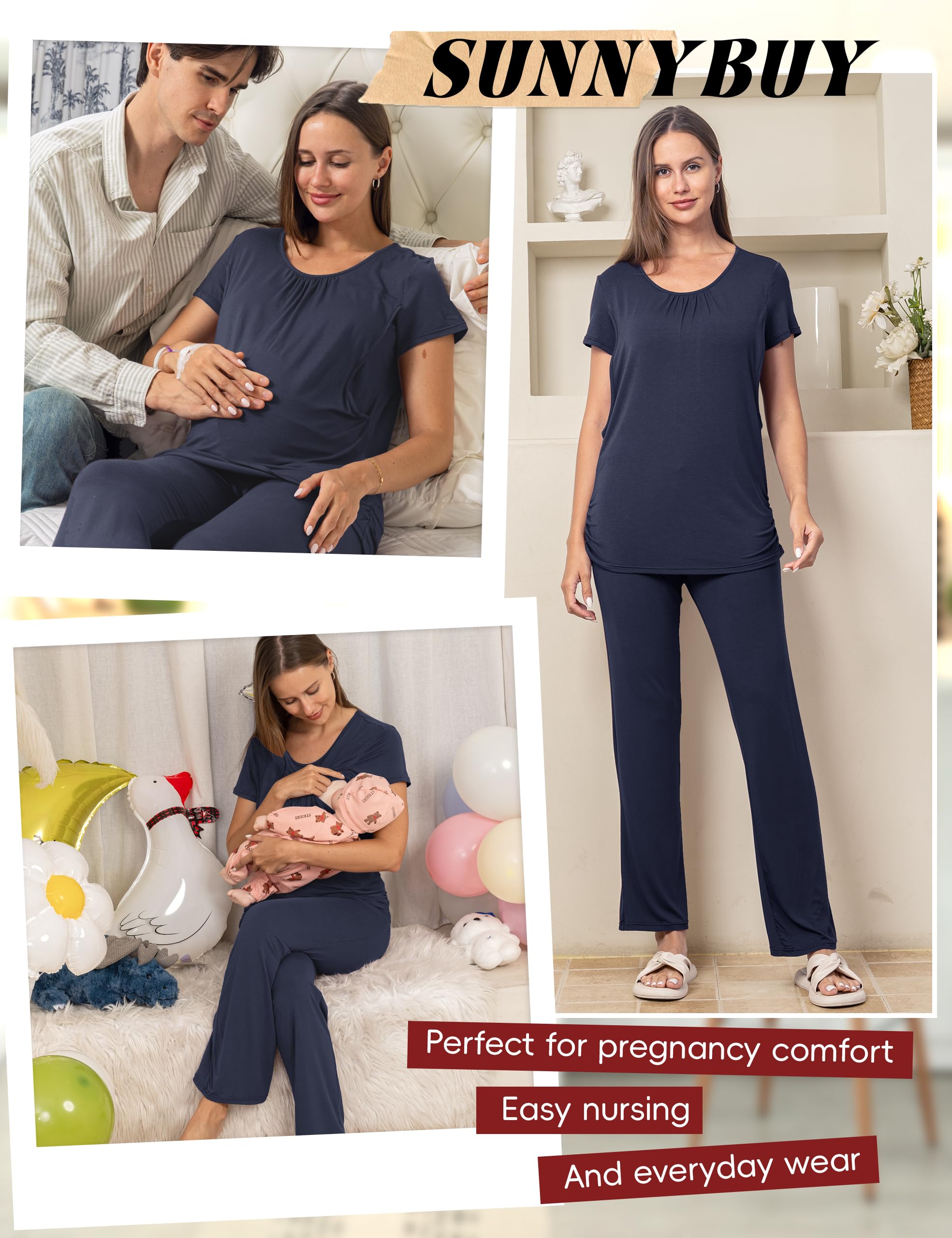 SUNNYBUY Pigiama maternità da donna, a maniche corte, da allattamento e pantaloni, set da 3 pezzi