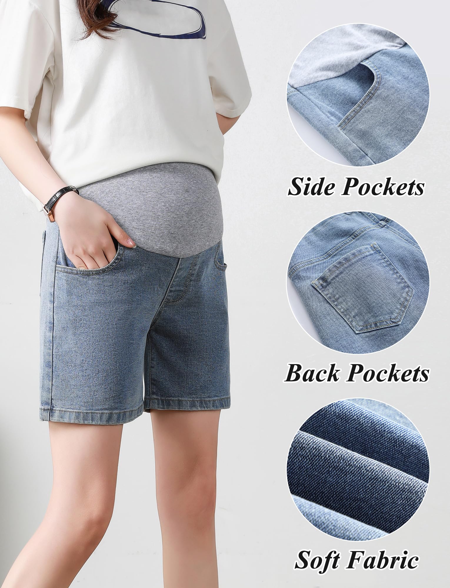 FEOYA Premaman Estiv Pantaloncini Classici a Gamba Dritta Jeans di maternità alla Moda Denim Shorts di maternità con Vita Elasticizzata S-4XL