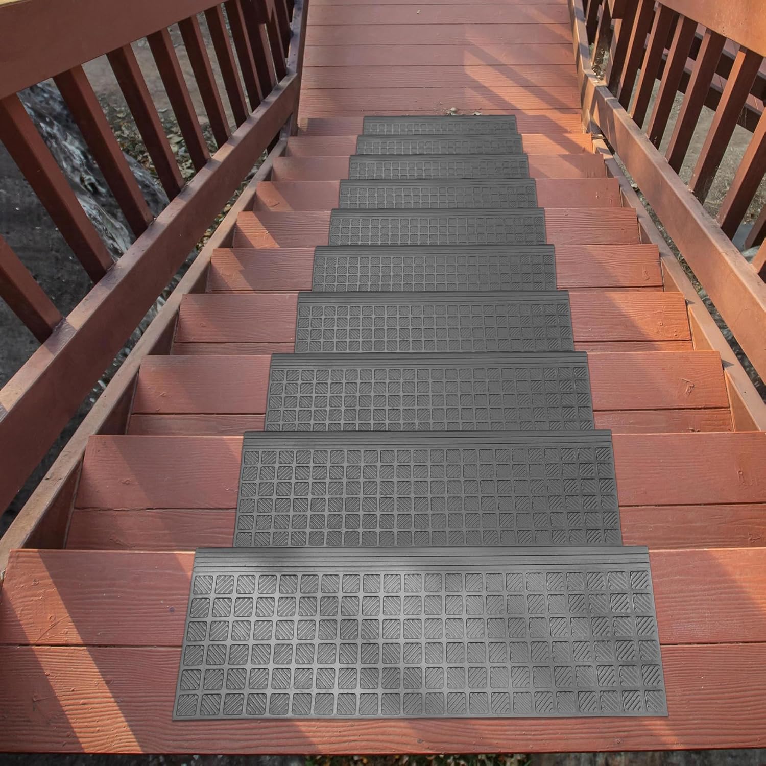 ottomanson outdoor bullnose stair treads – grid heavy-duty non slip stair mats – strong grip for concrete, brick & textured steps – requires fastening on wooden & rv steps, pack of 5 black square grid stair treads - 5 pack