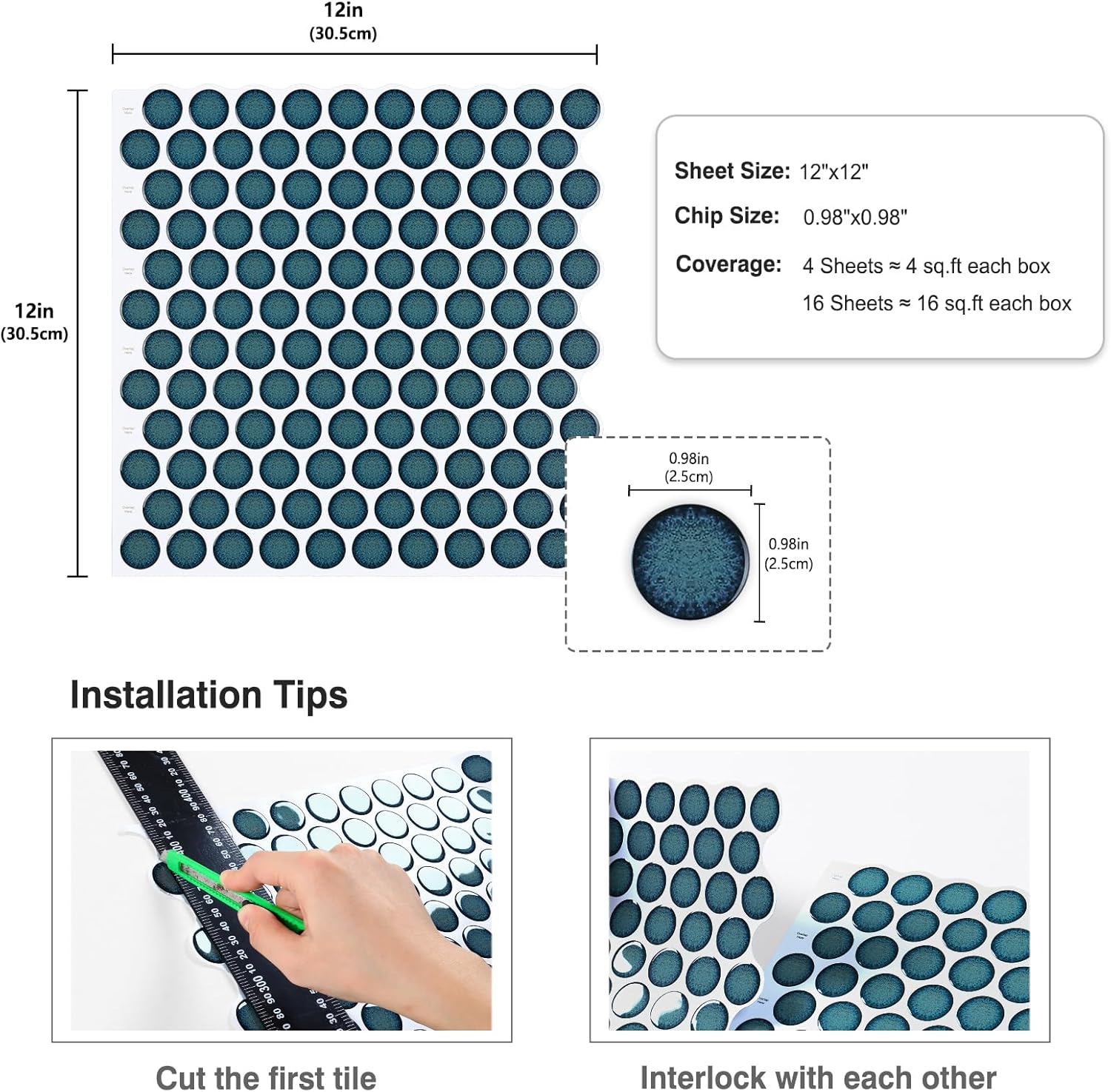 CRE8TIVE 16 Sheets Teal Blue Penny Round Tile Backsplash Peel and Stick for Kitchen Wall Mosaic Tile Peel and Stick for Bathroom Laundry Room Adhesive Renter Friendly Backsplash for Fireplace 12"x12"