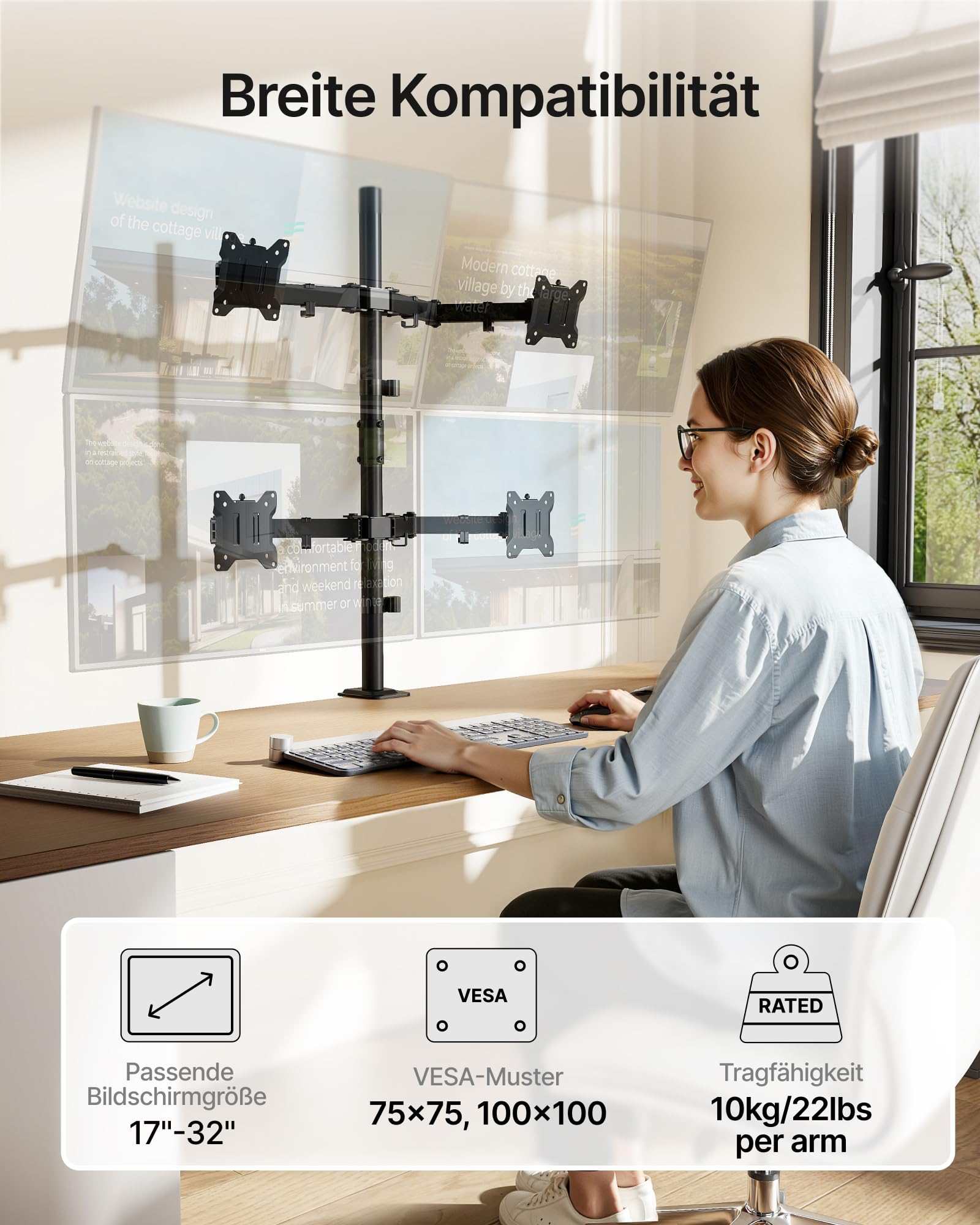 monTEK Supporto per monitor con 4 monitor fino a 17-32 pollici e portata 10 kg per braccio, supporto da tavolo completamente regolabile, braccio stabile per monitor con morsetto da tavolo e passacavo