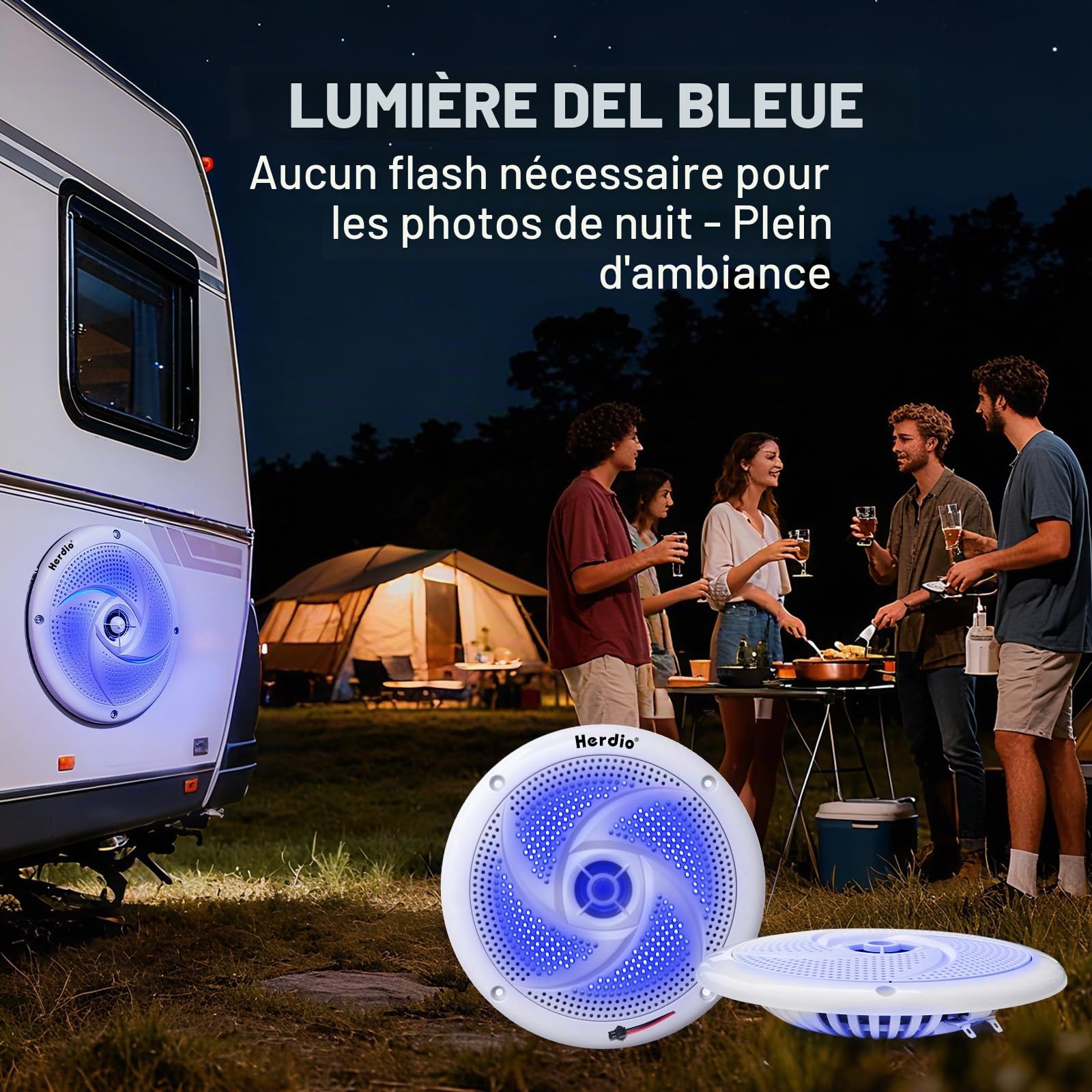 Herdio 6.5 inch 240W Haut-parleurs Marins étanches - 2 Voies résistants aux intempéries avec lumières LED, et Style Mince à Profil Bas pour Bateaux et véhicules récréatifs (Blanc)