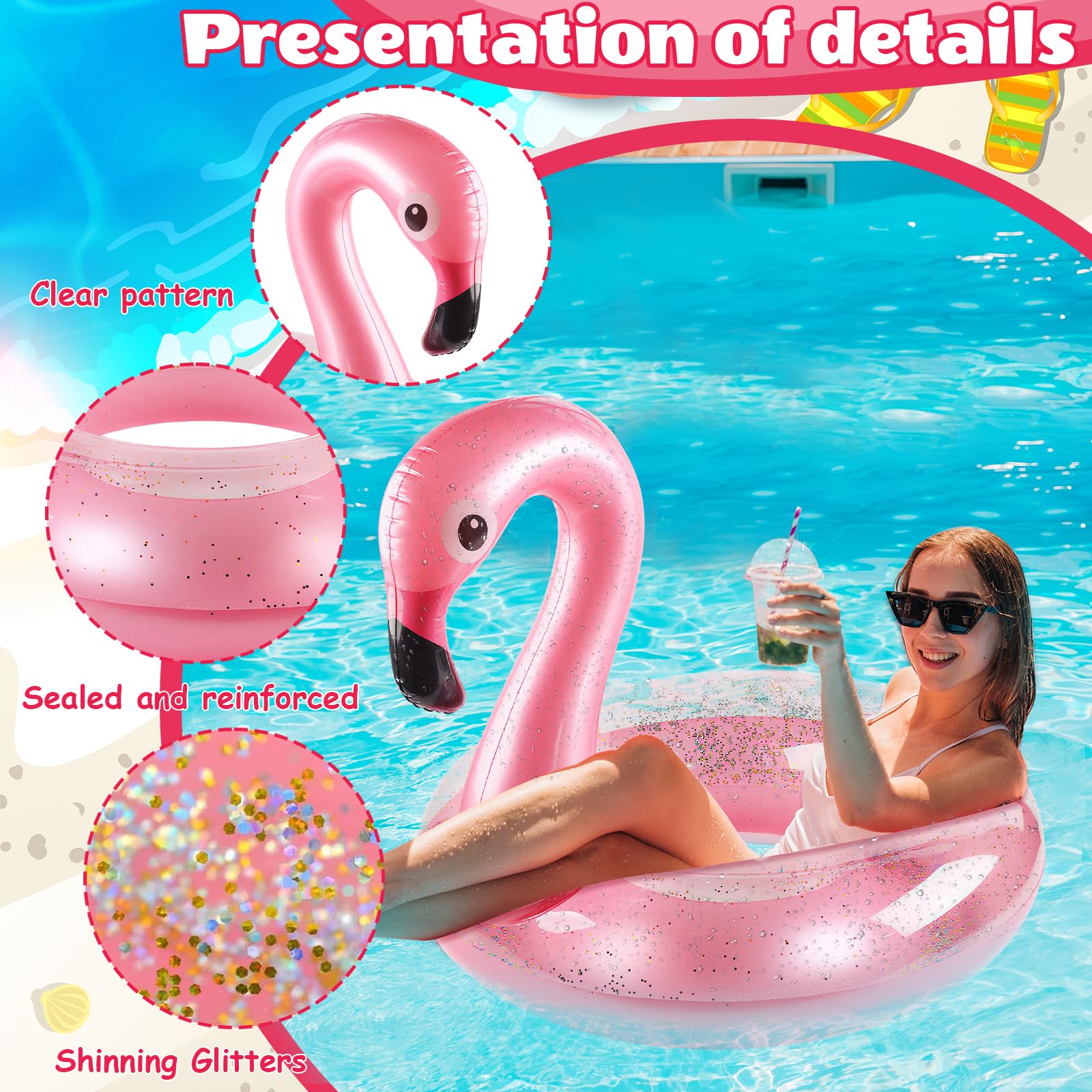 Yisscen Anello da nuoto gonfiabile, con fenicottero, 90 cm, con glitter rosa, per piscina, per feste estive, adulti, bambini
