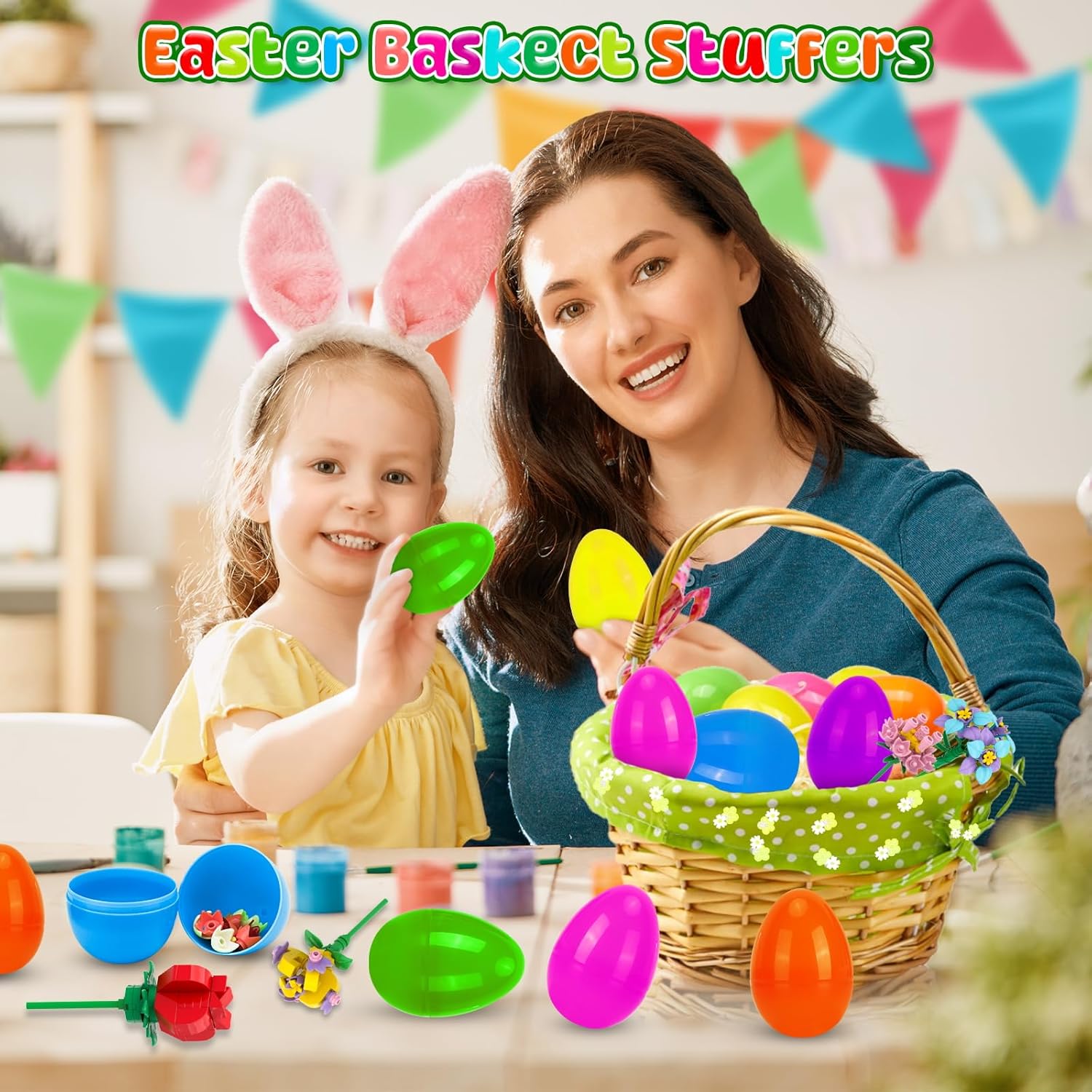 Easter Basket Stuffers - 12pcs Prefilled Plastic Easter Eggs with Flower Building Blocks Toys Inside for Teens Kids Girls Boys Egg Hunt Prizes, Party Favors and Classroom Gifts
