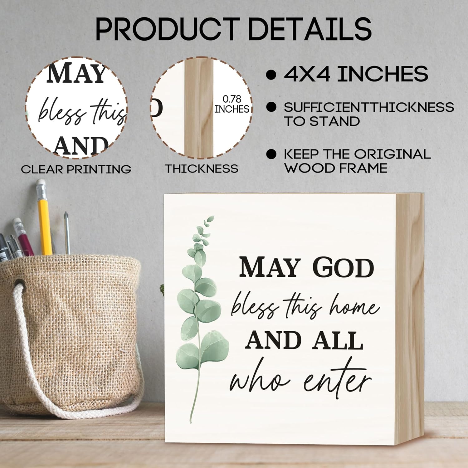 Christian Decor Wood Sign Desk Decoration, May God Bless Sign, Encouragement Table Decoration Thankyou Gifts for Family Friends Christians, Eucalyptus Print-A01 - Image 2