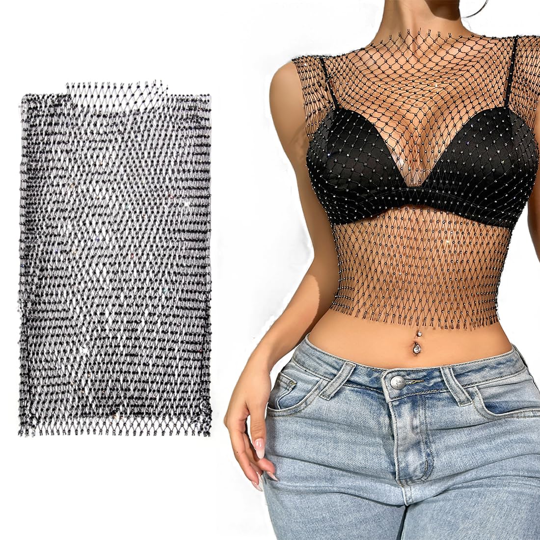 1 Piezas Camiseta Rejilla Mujer, Top Mujer Fiesta, Rhinestone Brillante Malla Cuerpo Cadena Tops para Mujeres Brillante Bikini Crop Top (Negro,M)