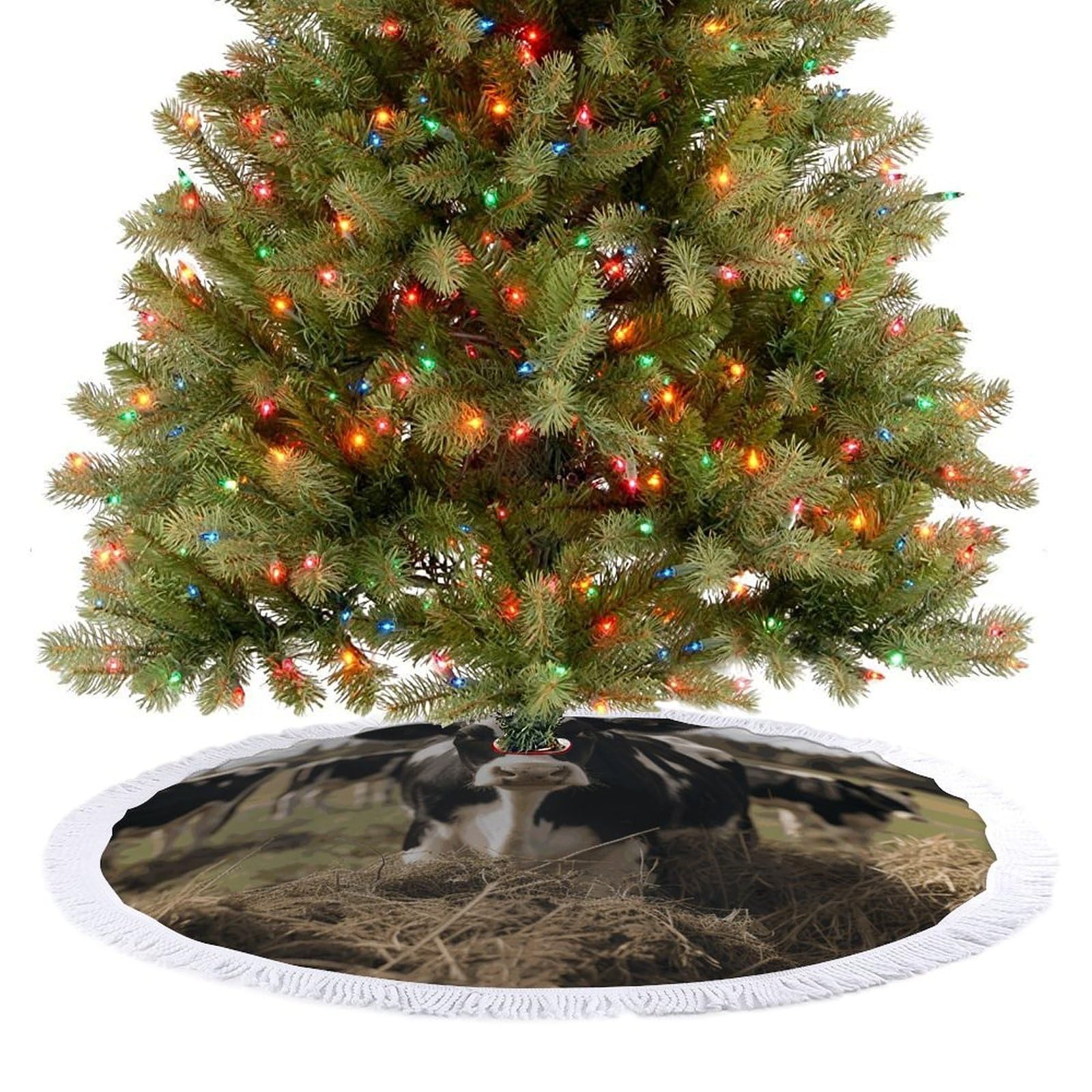 Cute Cows Christmas Tree Skirt 36"x36" Rustic Xmas Tree Mat with Tassel Ornament Christmas Trees Cover Skirt Mat for Evergreen Trees Ornament Winter Holiday Mats Decorations