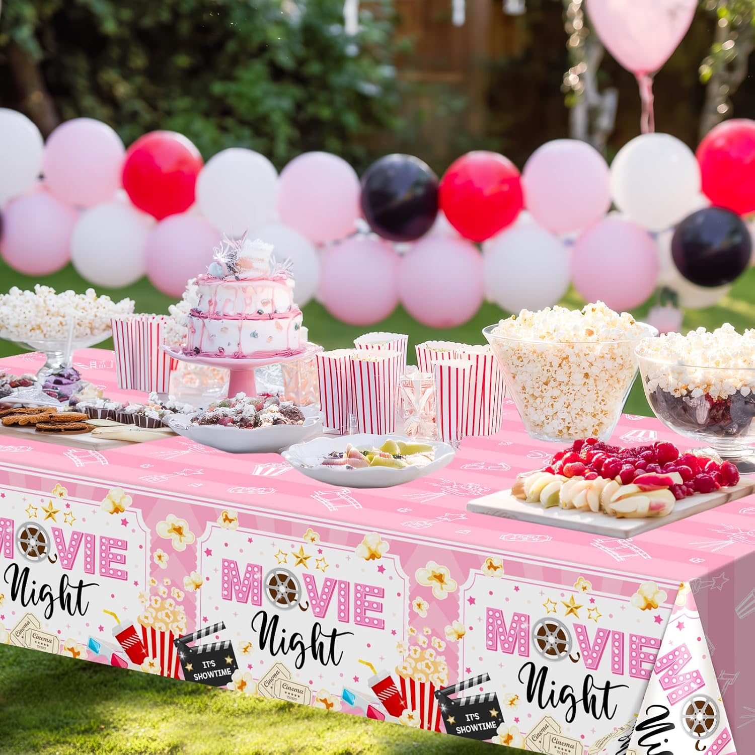 Avezano 3pcs Movie Night Decorations Pink Movie Night Tablecloths 108 x 54 inch Plastic Disposable Popcorn Theater Birthday Party Supplies