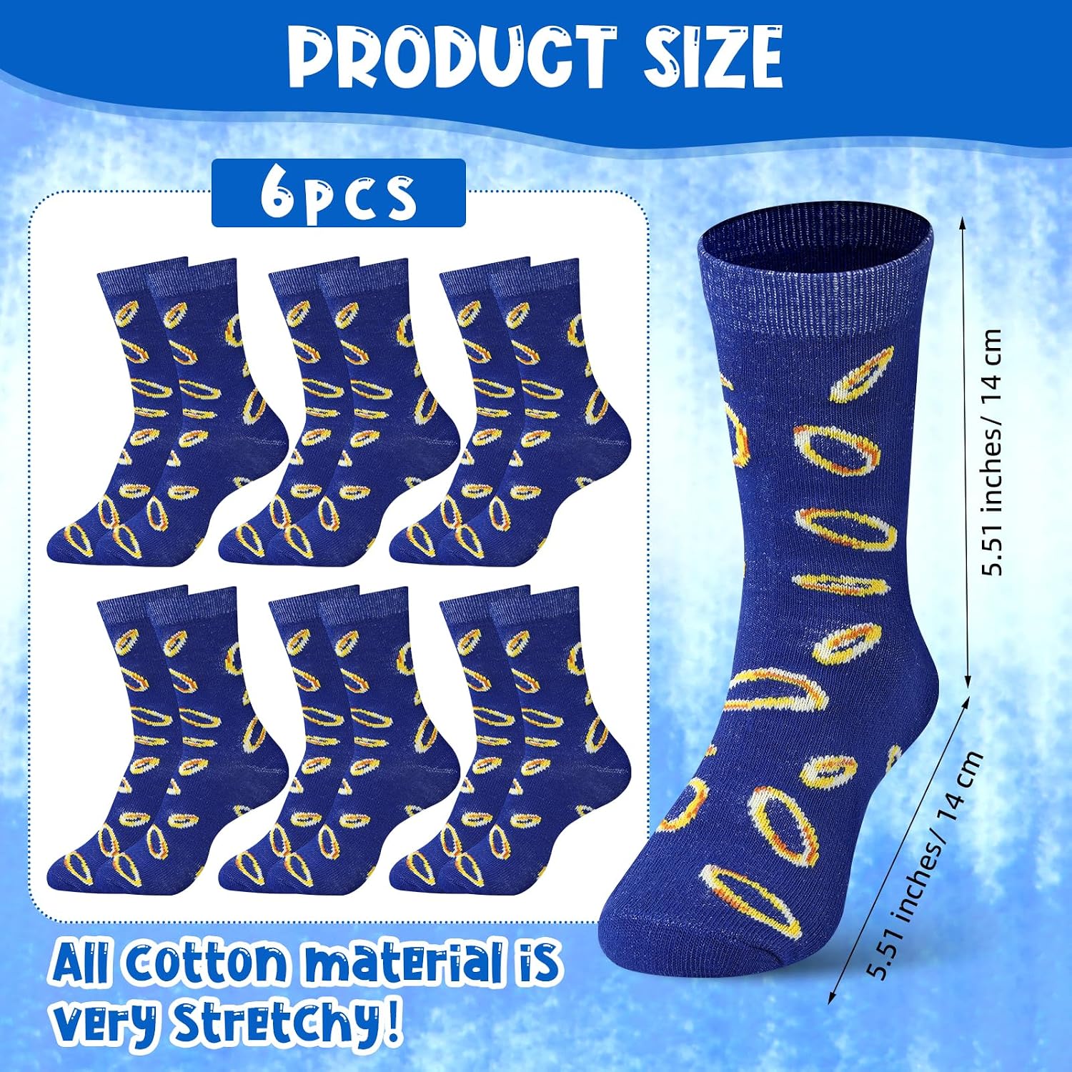Chicingyou 6 Pairs Blue Theme Boy Sock Bulk for Kids Party Gift Blue Gold Ring Pattern Ages 5-10 Cotton Mid-calf Cartoon Video Game Gripper Novelty Sock for Children Movie Party Birthday Gift