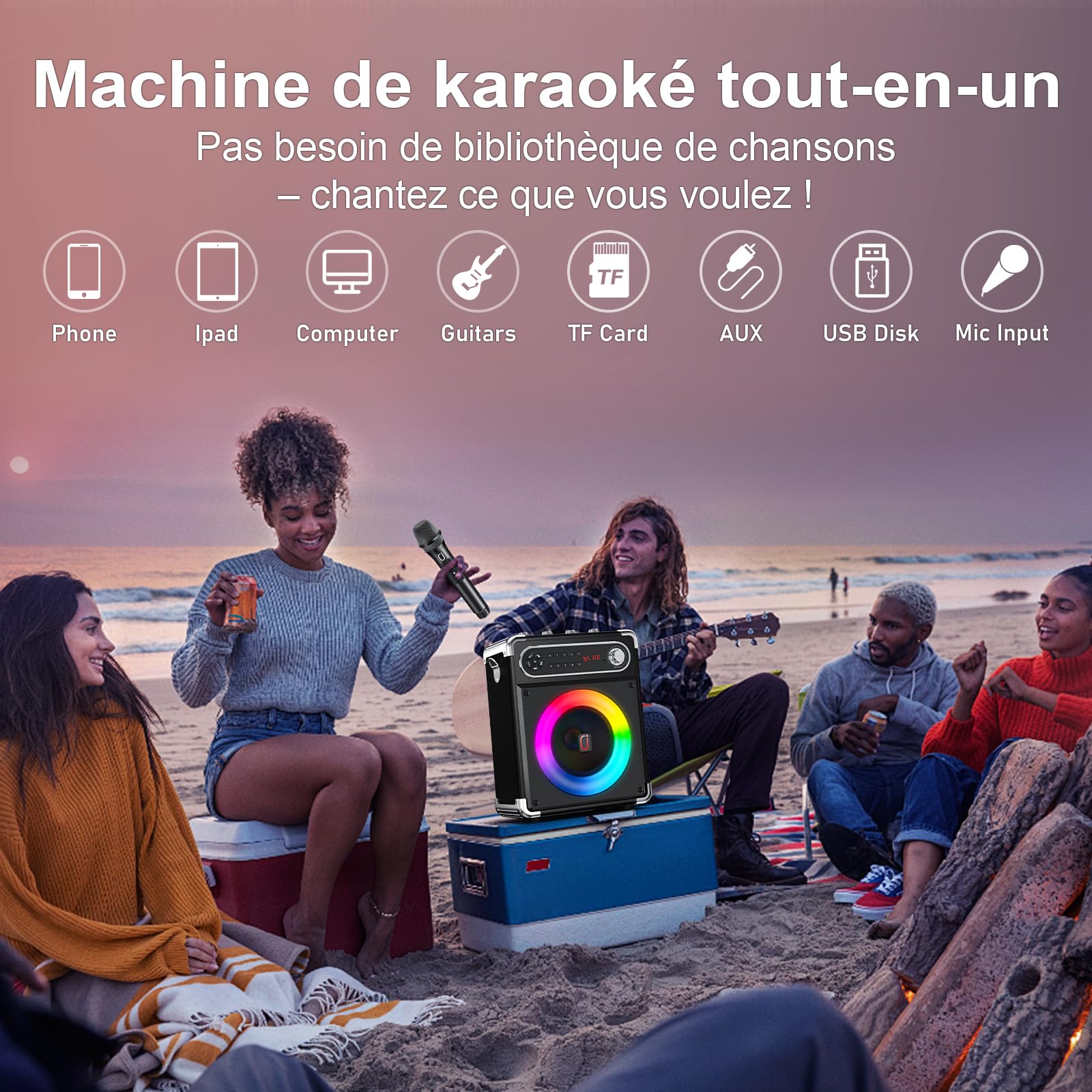 JYX Karaoke avec 3 Microphones sans Fil, 400W Puissance Enceinte karaoké, Bluetooth 5.3, Autonomie 24h Speaker pour Les Réunions de Famille/Le Camping en Plein air/la fête sur la Plage