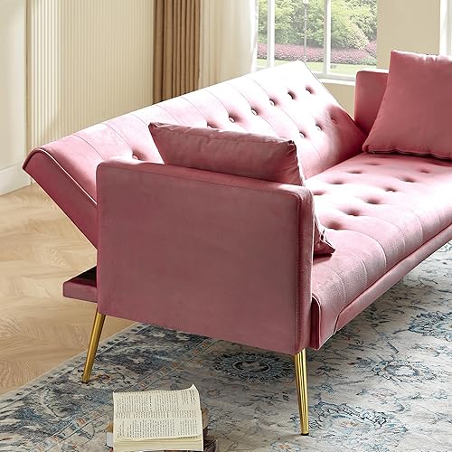 Miniatura 8 de Anwick Sofá cama moderno de terciopelo de 72 pulgadas, sofá cama plegable convertible con 3 respaldos ajustables, sofá biplaza reclinable copetudo