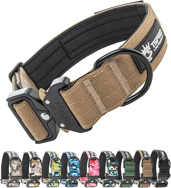 TSPRO Premium Dog Collars Tactical Dog Collar with Patch and Heavy Duty Quick-Release Metal Buckle Durable Thick and Adjustable for Medium to Large Dogs (Khaki L)