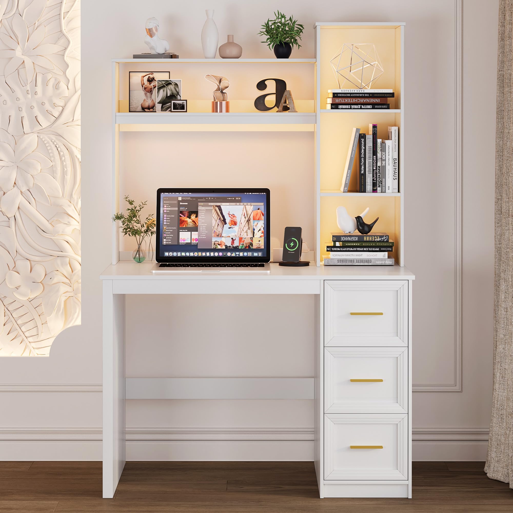 168cm Tall Study Desk with LED Lights and Smart Charging Station for study