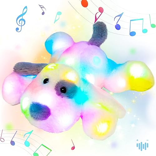 Vista 21 de Hopearl Cachorro de peluche con luces LED que brillan en la oscuridad, para festivales de cumpleaños para niños pequeños, blanco, 14 pulgadas