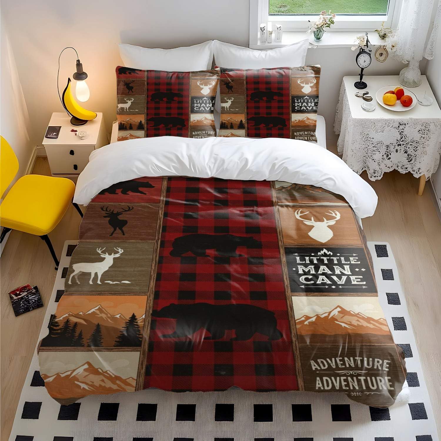 Juego de funda de edredón con estampado de oso y ciervo a cuadros rojos y negros, ropa de cama para niños, ropa de cama de aventura al aire libre para niños, 3 piezas, diseño de estilo vintage (01