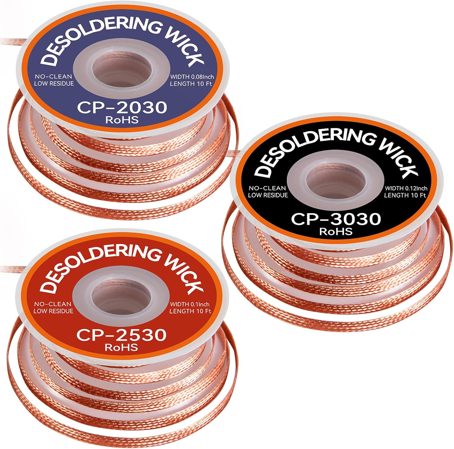 3PCS Premium Desoldering Wick - 3 Sizes Solder Wick Braid (0.08", 0.1", 0.12" x 10FT) | No Clean Desoldering Braid & Solder Remover | Effortlessly Desolder Wick for PCB Repair & Electronics
