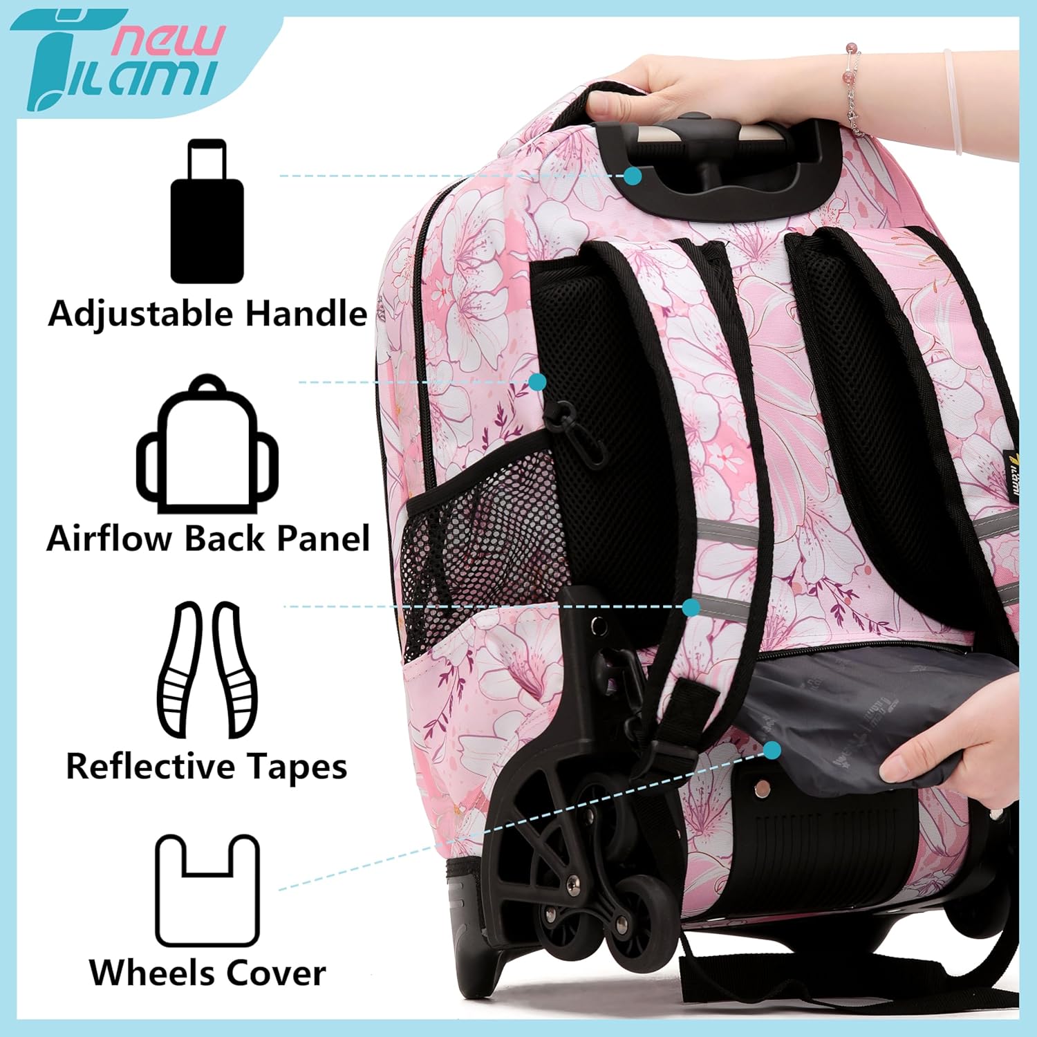 NEW TILAMI 18 Inch Rolling Backpack with Wheels for Girls Boys Kids Laptop Backpack School Travel, Pink Flowers - Image 6