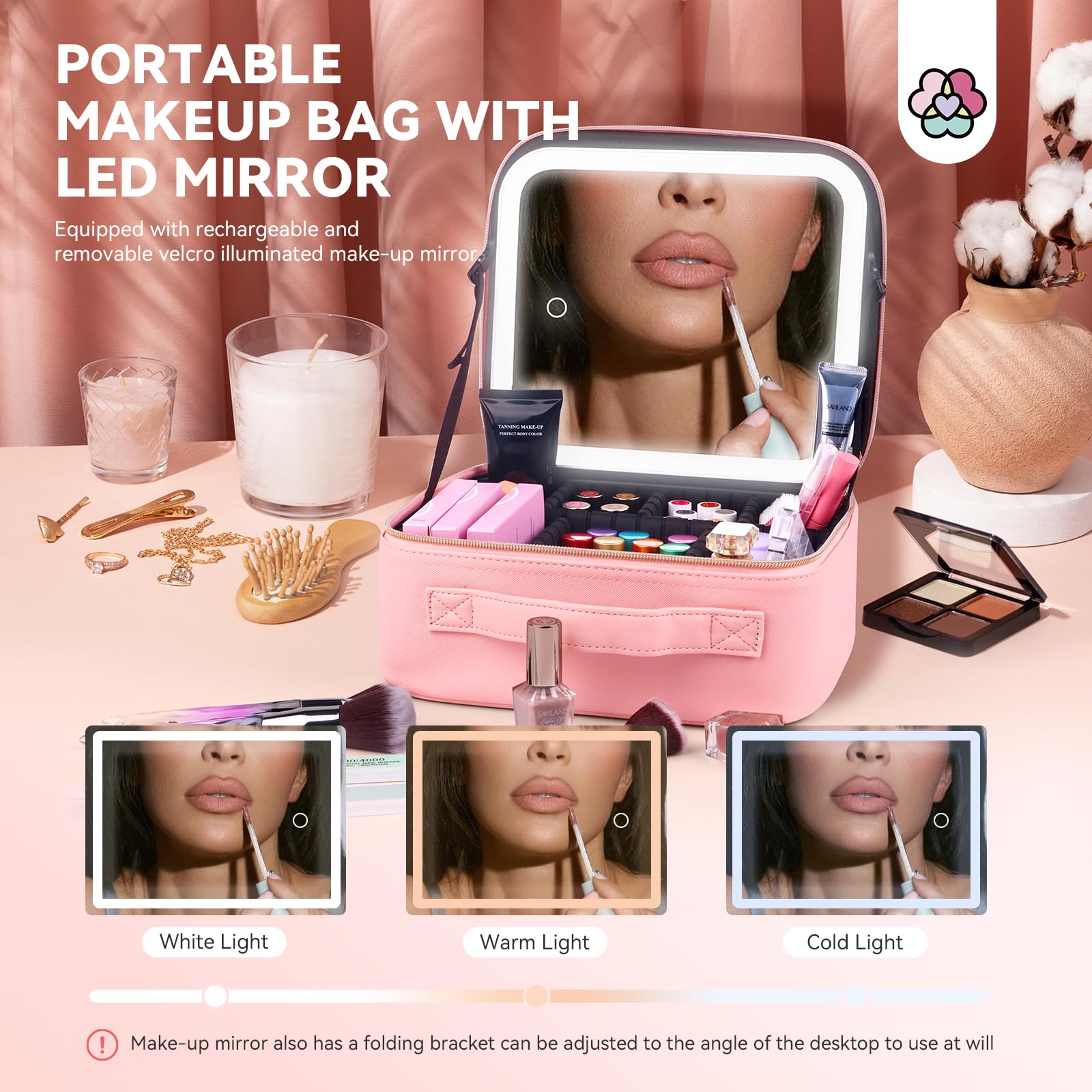 SAVILAND Reise-Makeup Tasche PU-Leder Kosmetiktasche mit Wiederaufladbarer beleuchtetem Spiegel, Kosmetiktasche Einstellbarer Helligkeit in 3 Farbszenarien Make up Tasche mit verstellbaren Trennwänden