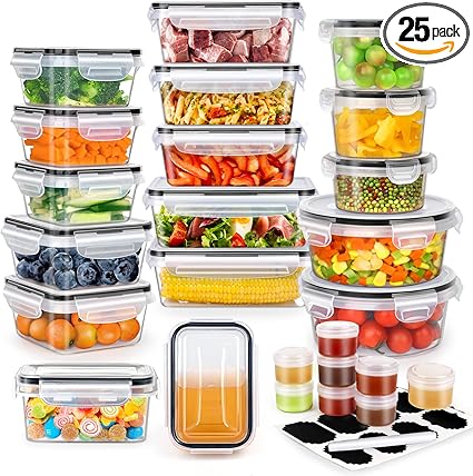 50 PCS Food Storage Containers with Lids Airtight, Plastic Lunch Containers for Pantry Kitchen Organization Storage (25 Lids + 25 Containers), Meal Prep containers with Labels & Marker