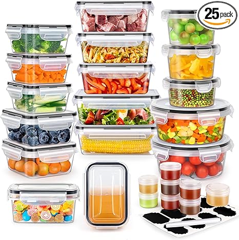 50 PCS Food Storage Containers with Lids Airtight, Plastic Lunch Containers for Pantry Kitchen Organization Storage (25 Lids + 25 Containers), Meal Prep containers with Labels & Marker