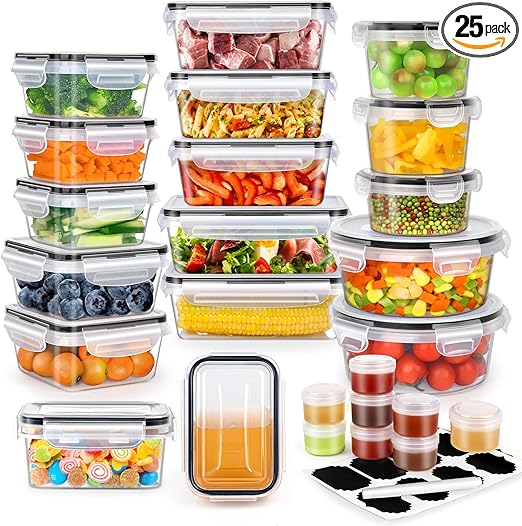 50 PCS Food Storage Containers with Lids Airtight, Plastic Lunch Containers for Pantry Kitchen Organization Storage (25 Lids + 25 Containers), Meal Prep containers with Labels & Marker