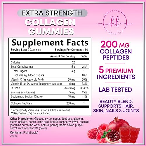 Miniatura 2 de Gomitas de péptidos de colágeno con 2500 mcg de biotina, proteína hidrolizada tipo I y III, suplemento de colágeno múltiple con vitamina C y zinc,
