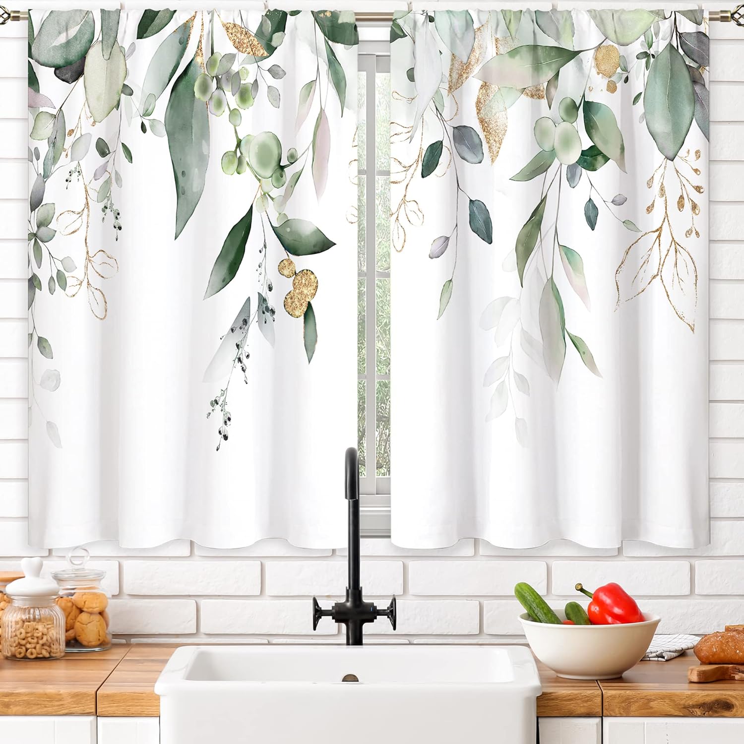 oolygoo Sage Green Leaf Kitchen Curtains Farmhouse Flower