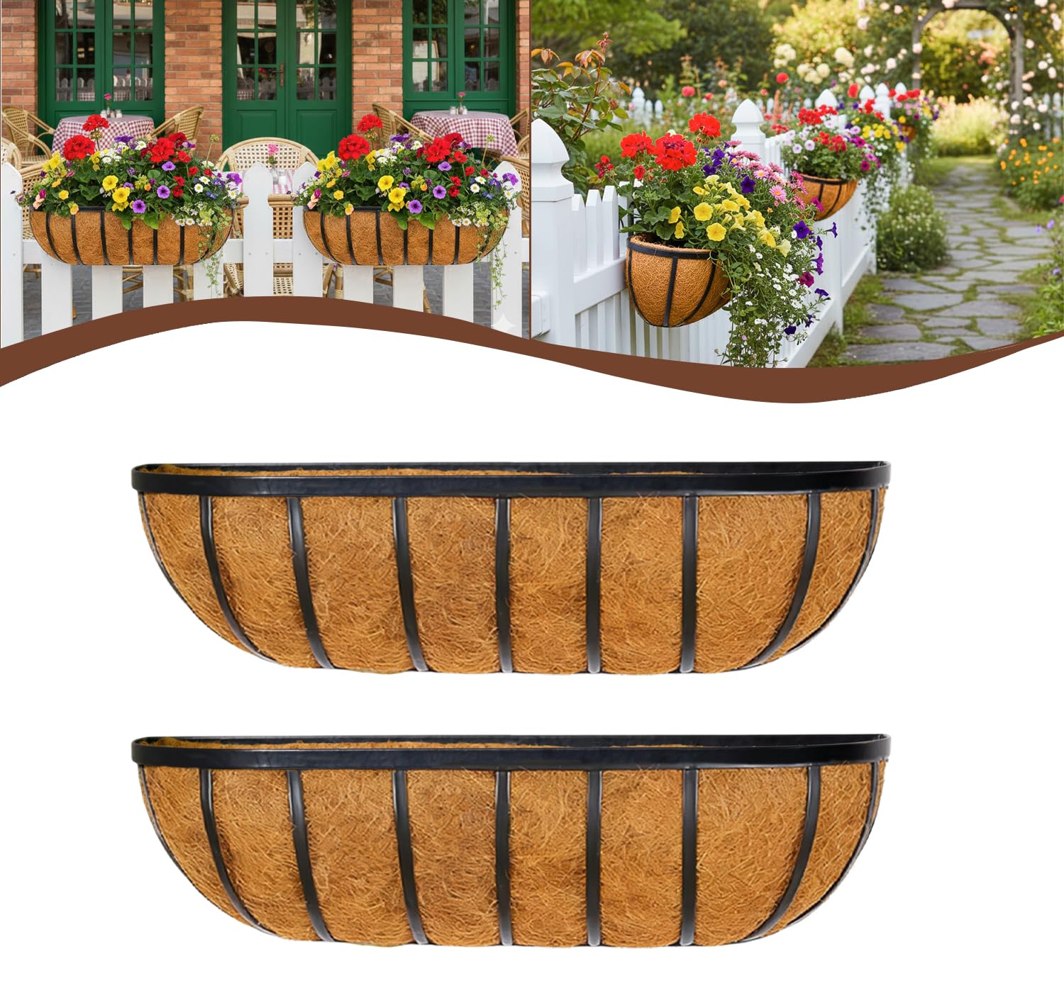 2 fioriere per ringhiere da 40,6 cm, fioriere per ringhiere con rivestimento in cocco, fioriere in metallo da parete, per esterni, balcone, portico, recinzione, patio