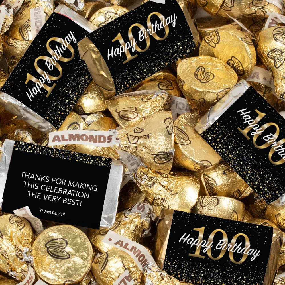 124 Pcs 100th Birthday Candy Party Favors Miniatures Chocolate & Gold Almond Kisses (1.58 lbs, Approx. 124 Pcs)