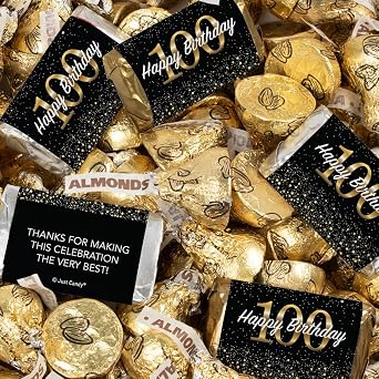124pc 100th Birthday Candy Miniatures & Gold Almond Kisses 1.52 lbs