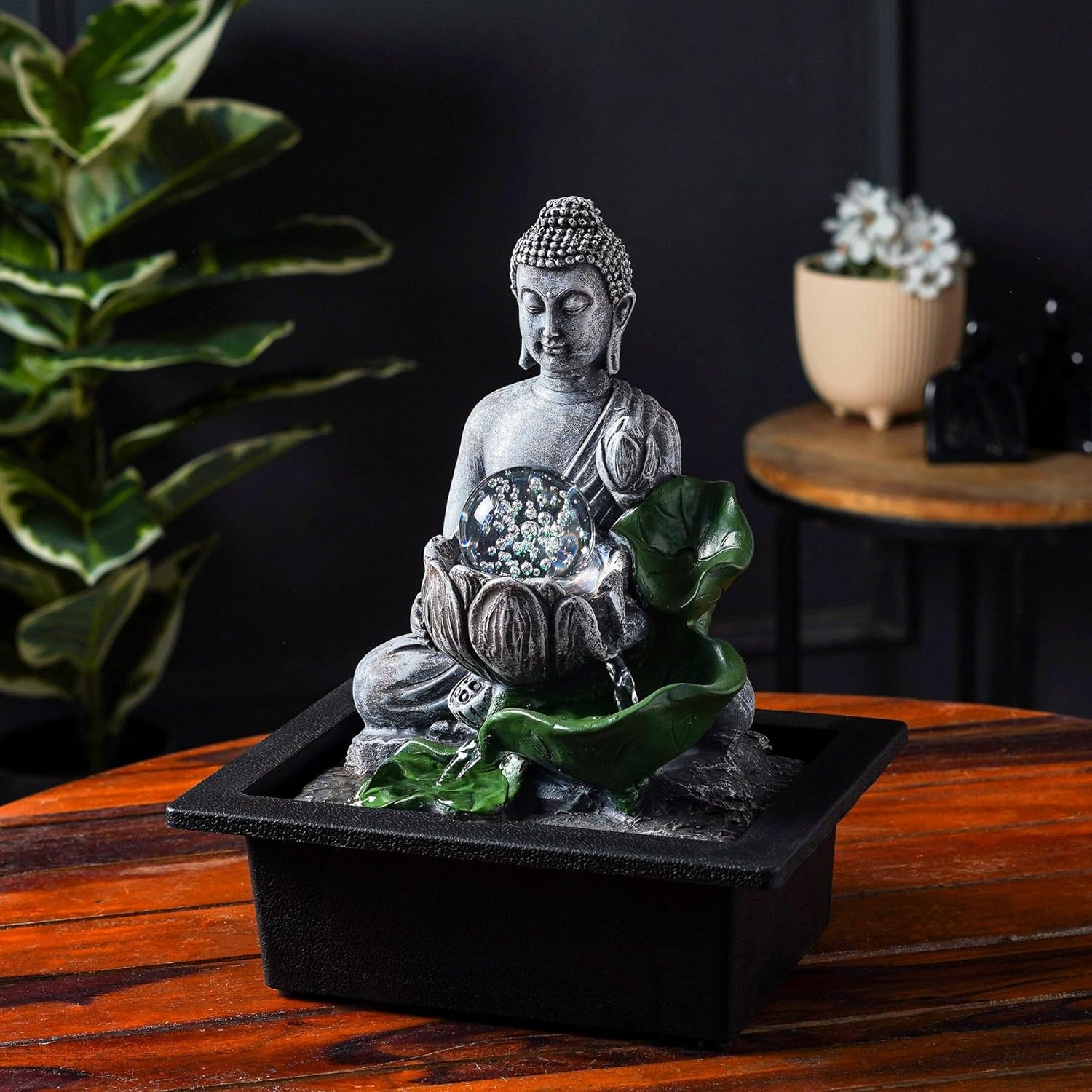 Buddha’S Lotus Tabletop Indoor Fountain for Home Decor Spiritual Decor for Home Office & Meditation Spaces (Height: 28 Cm) Black with Free Type-A Adapter
