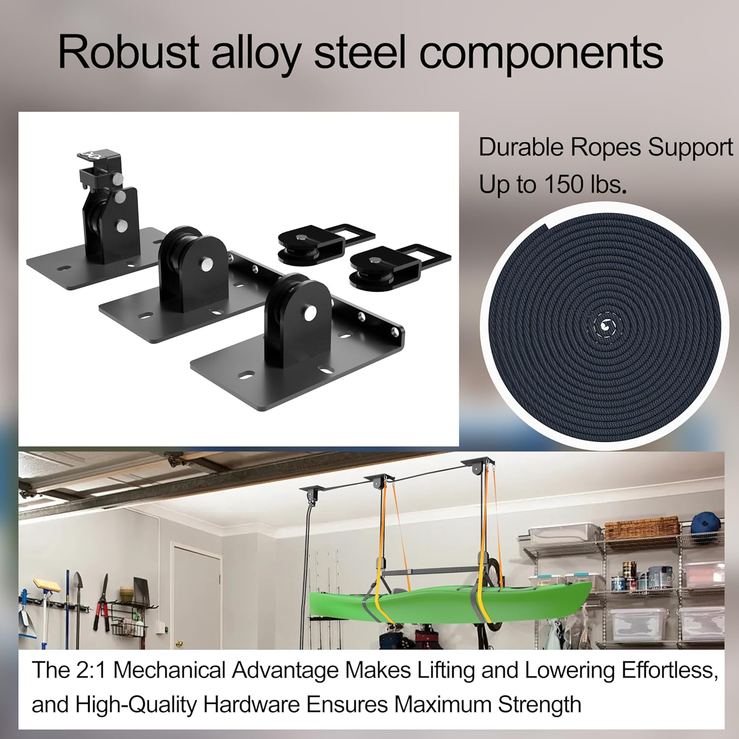 Upgrade Kayak Hoist for Garage Ceiling, Heavy-Duty Kayak Storage Lift Pulley System with Safety Straps, Holds Up to 150 lbs Capacity, Fit 10-18 Foot Ceilings, Black
