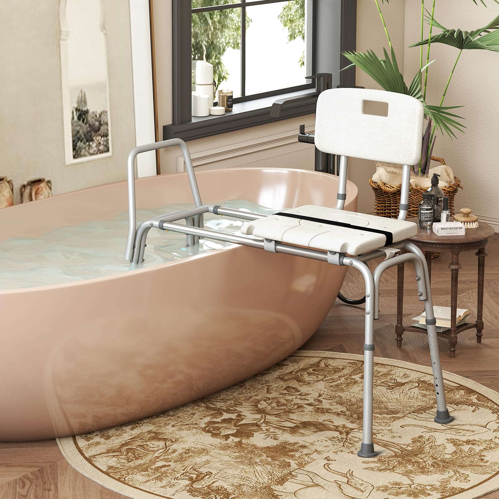 HOMASIS Silla de Ducha para Personas Mayores, Asiento baño para Adulto con Deslizante y Altura Ajustable. Cinturones de Seguridad, Almohadillas Antideslizantes, para Discapacitados, Carga 160kg