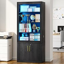 Lvifur 71H Office Storage Cabinet - with Glass Doors and Adjustable Shelves,6-Tier File Cabinet with Lock,Bookcase w/ 3-Color Human Motion Light,Filing Cabinets for Home,Office,SchoolBlack