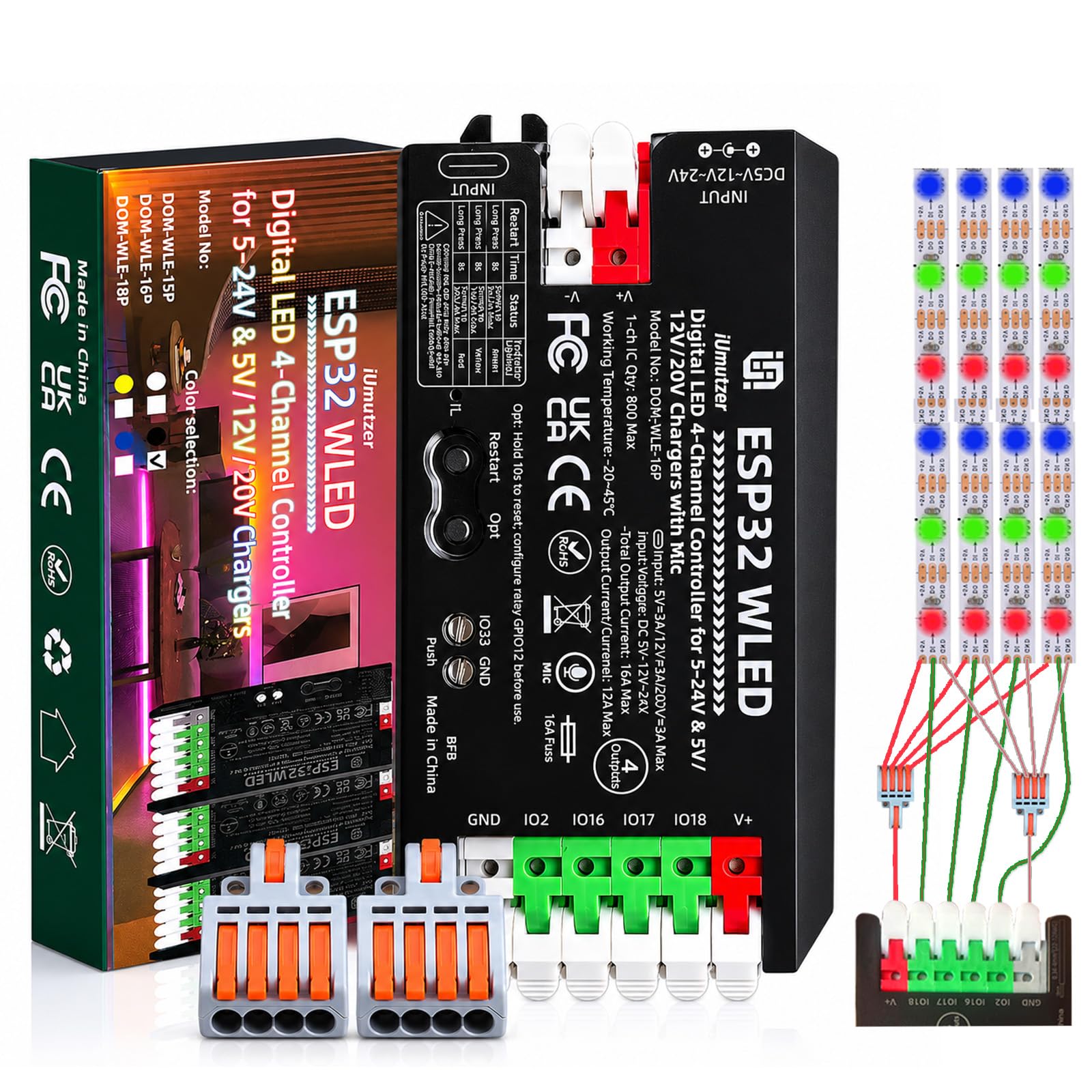 4-Kanal WLED Controller mit Mikrofon, ESP32 Musik-LED-Controller DC 5-24V, Kompatibel mit Adressierbaren RGB LED Streifen WS2811 WS2812B SK6812 WS2815, 4 Individuelle Ausgänge
